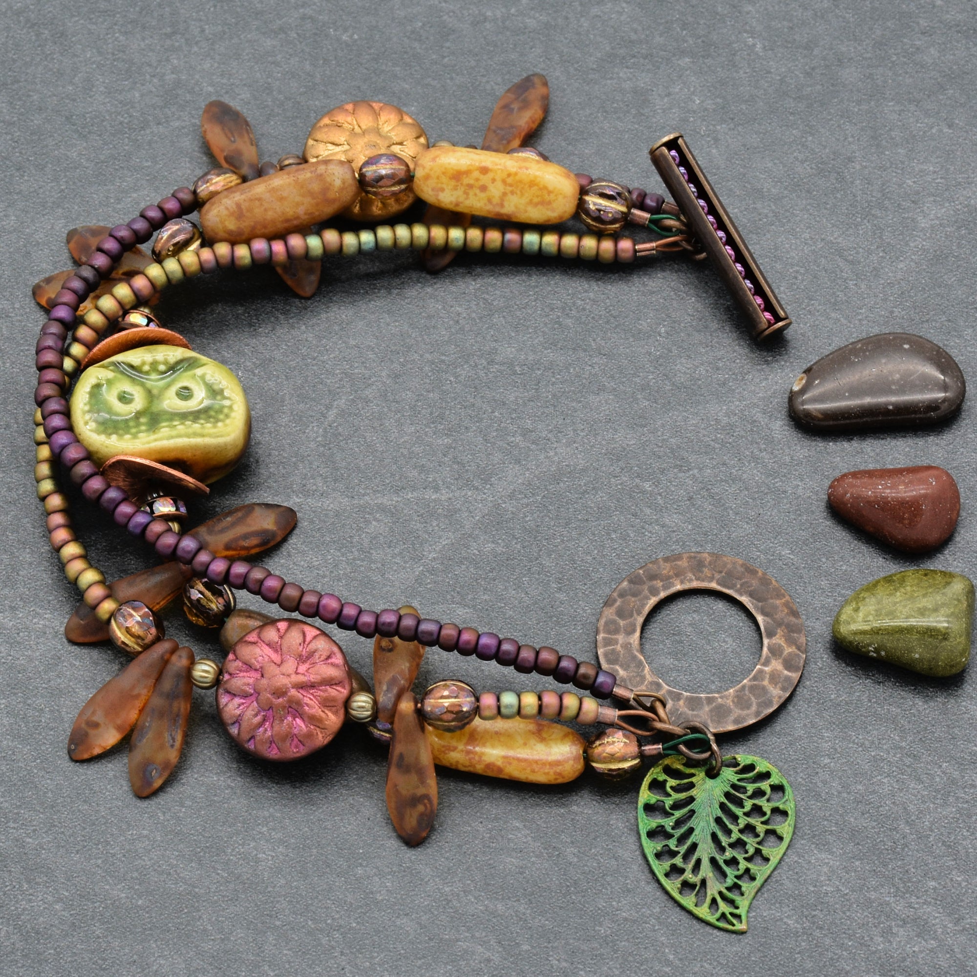 Nature Theme Handmade Beaded Bracelet - Artisan Ceramic Owl and Czech Glass