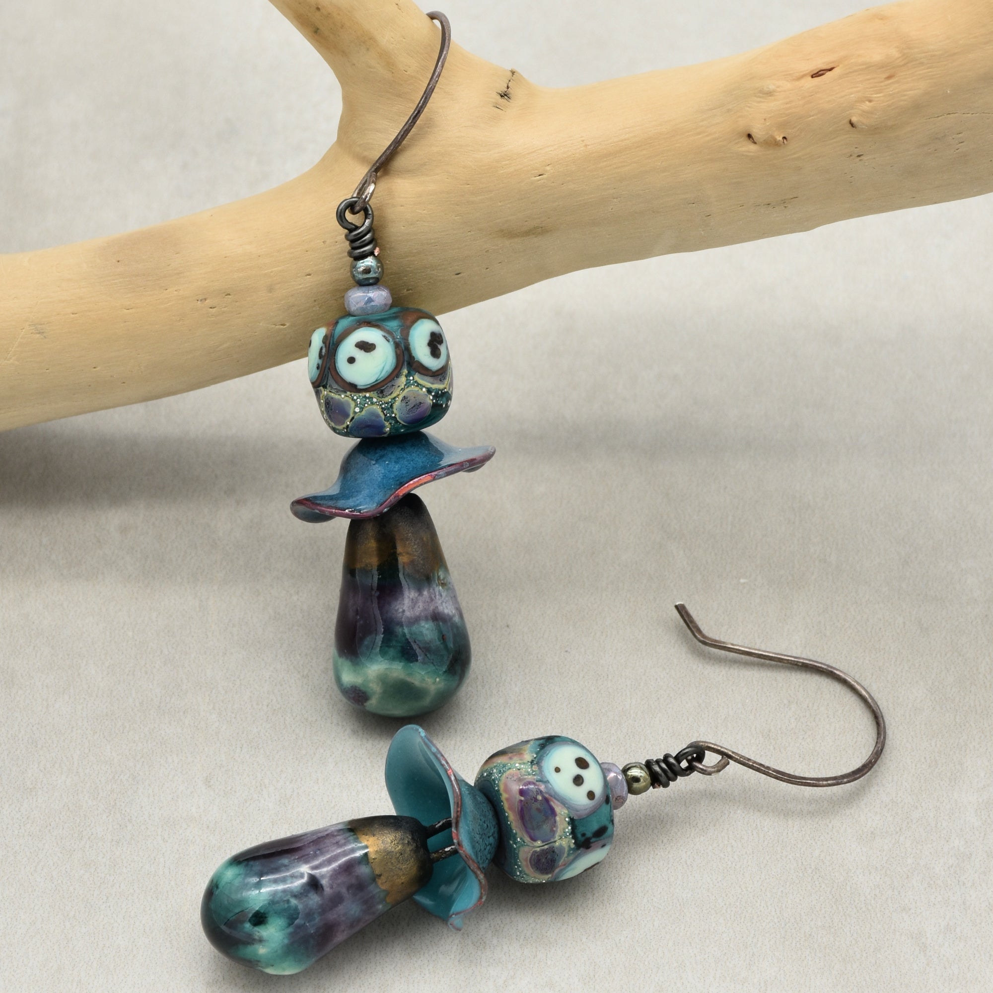 Aqua Violet Dangle Earrings - Handmade Artisan Lampwork Glass Artisan Ceramic