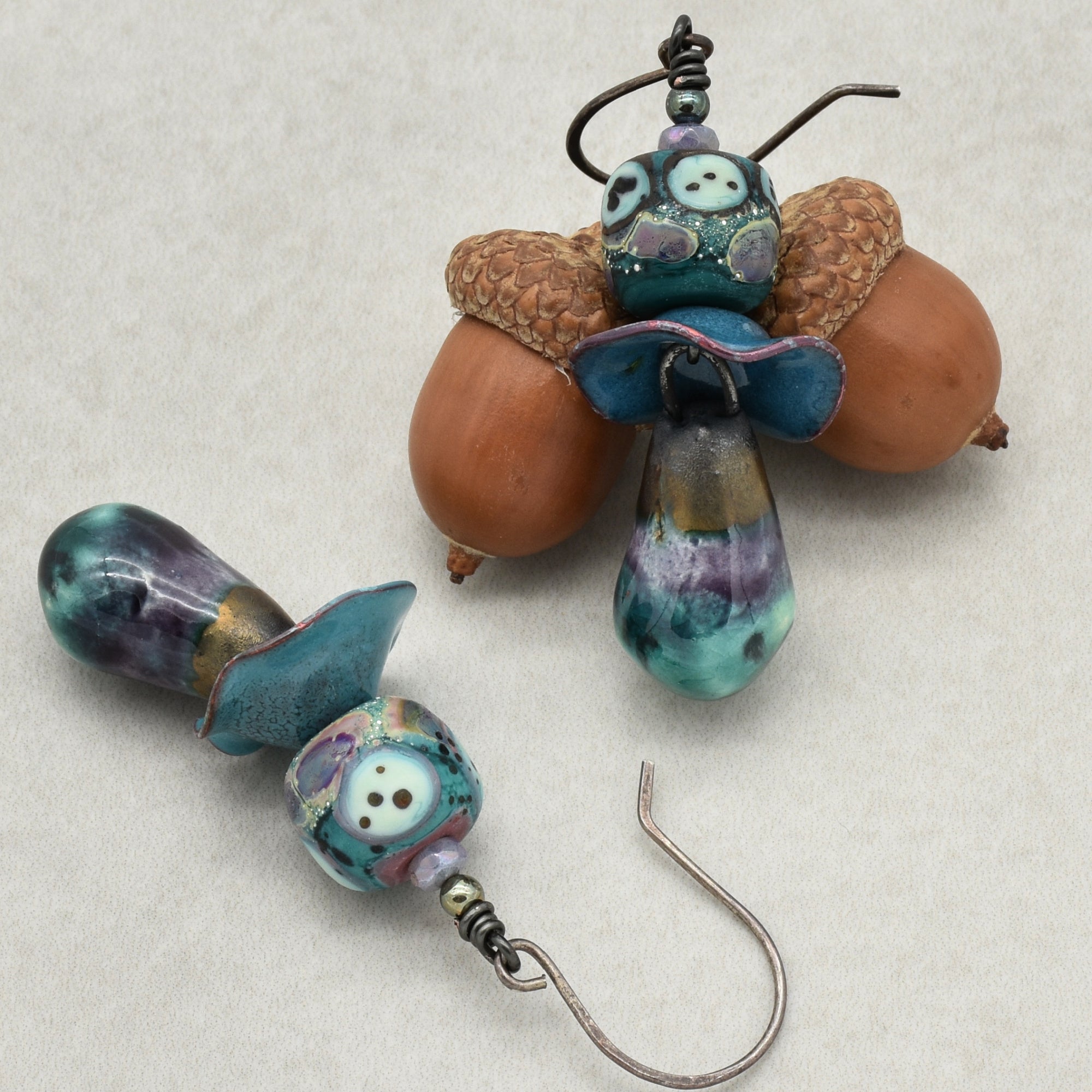 Aqua Violet Dangle Earrings - Handmade Artisan Lampwork Glass Artisan Ceramic