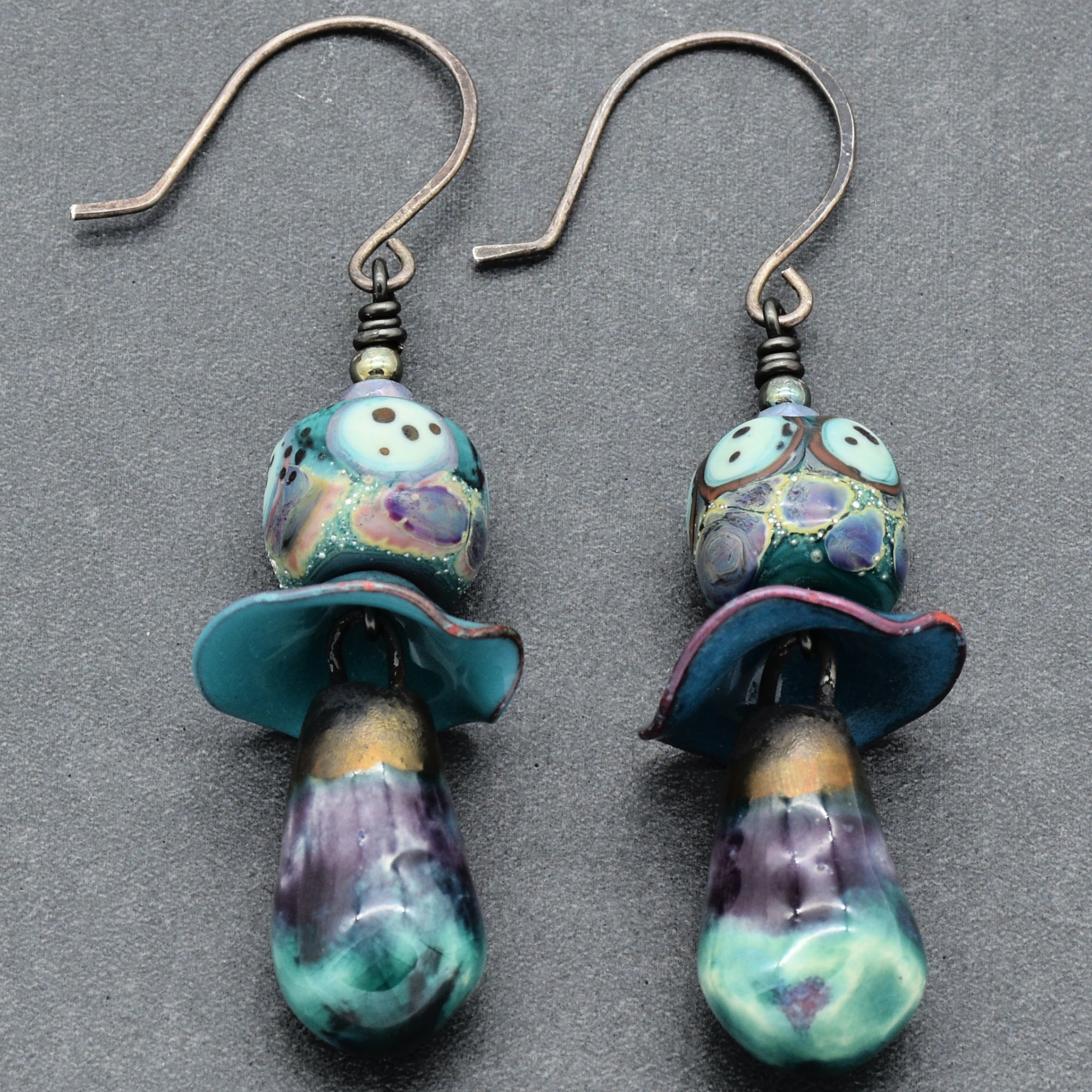 Aqua Violet Dangle Earrings - Handmade Artisan Lampwork Glass Artisan Ceramic