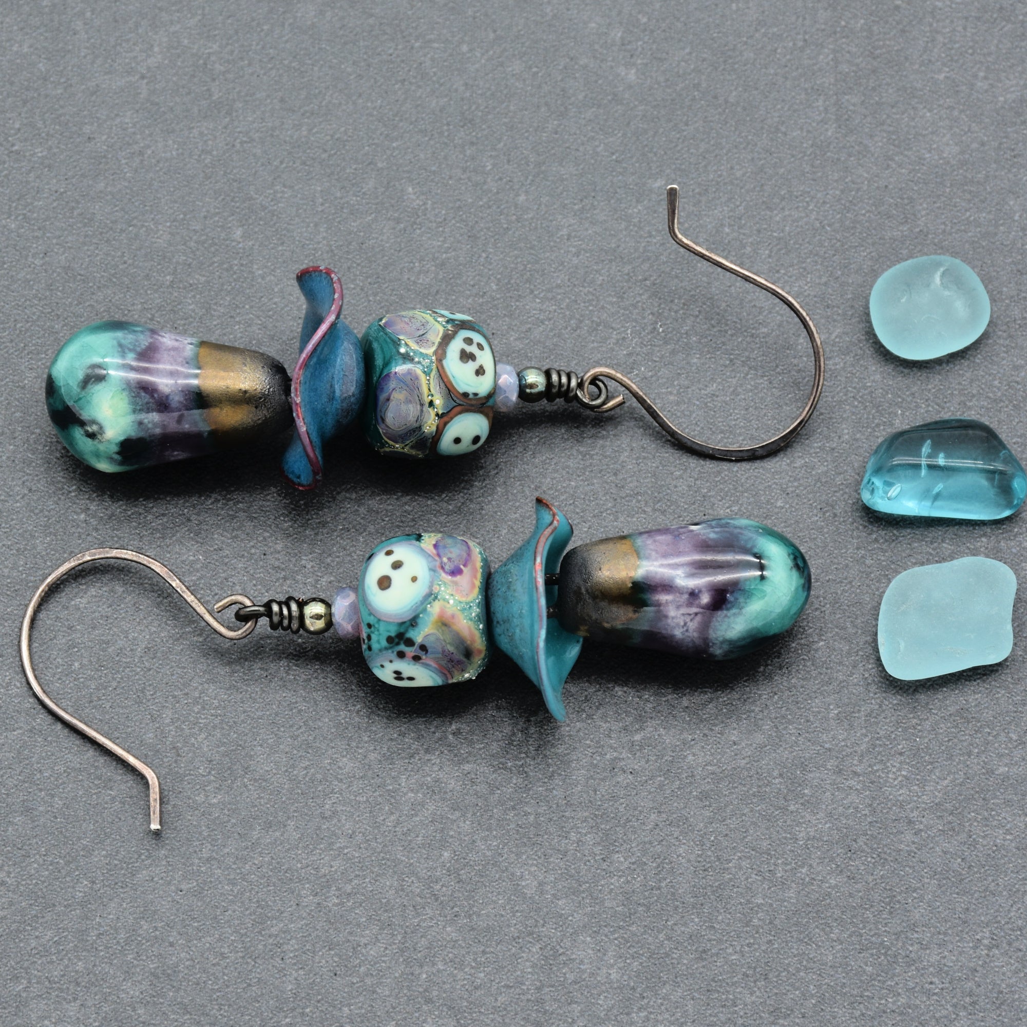 Aqua Violet Dangle Earrings - Handmade Artisan Lampwork Glass Artisan Ceramic