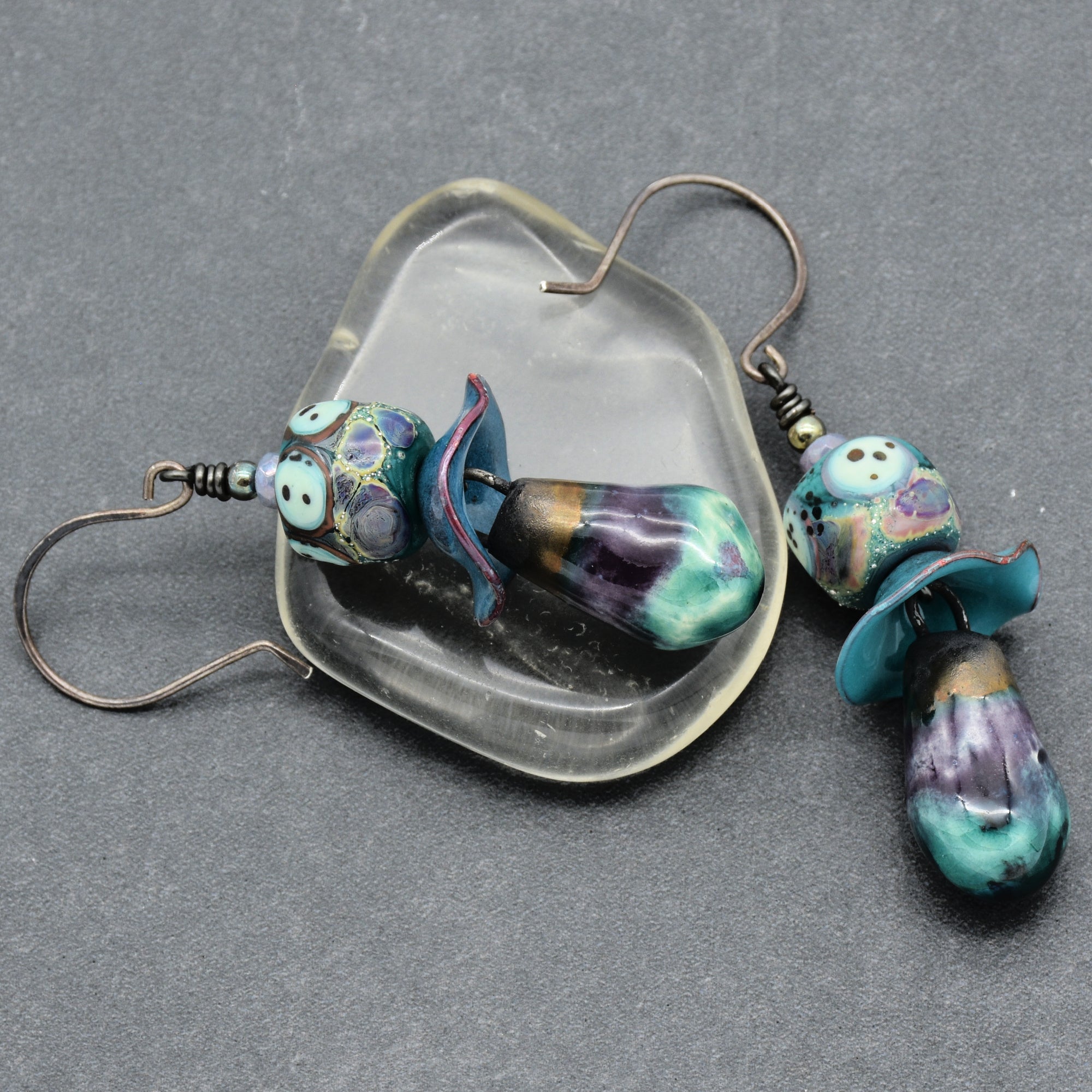Aqua Violet Dangle Earrings - Handmade Artisan Lampwork Glass Artisan Ceramic