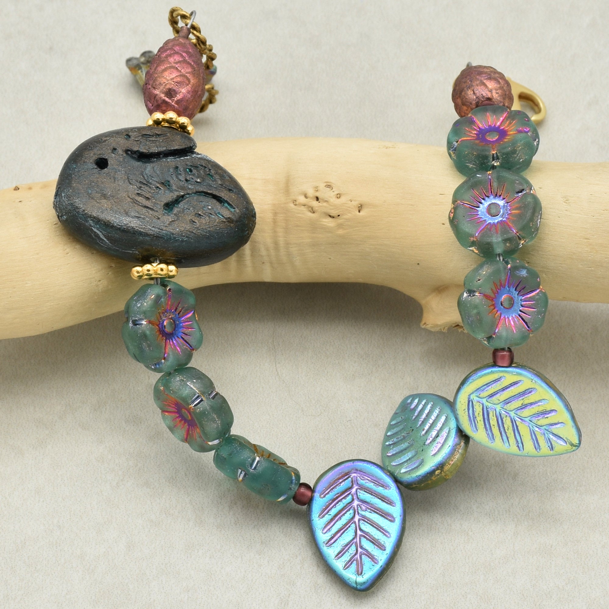 Handmade Beaded Bracelet - Blue Bunny, Artisan Rabbit Polymer Clay and Czech Glass