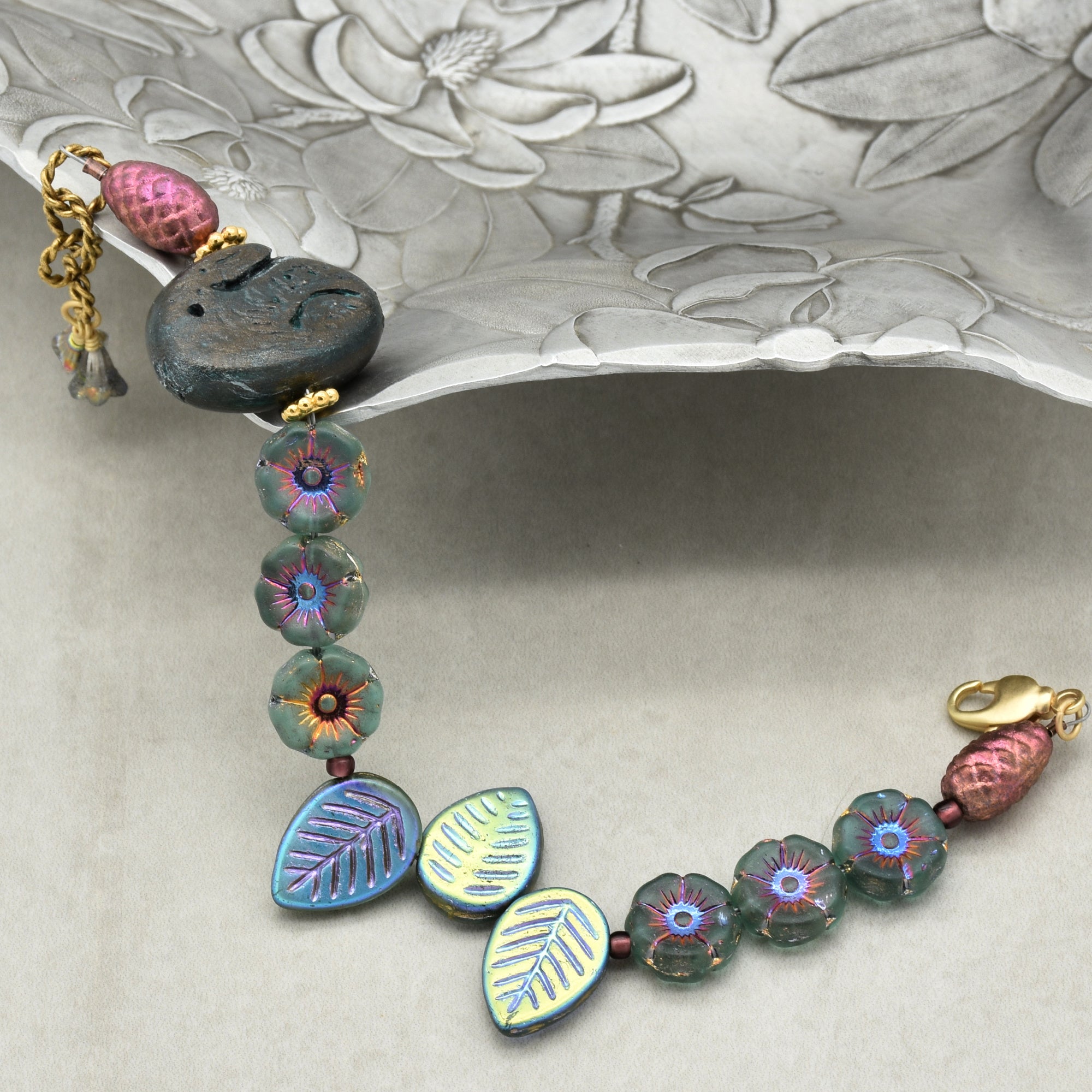 Handmade Beaded Bracelet - Blue Bunny, Artisan Rabbit Polymer Clay and Czech Glass