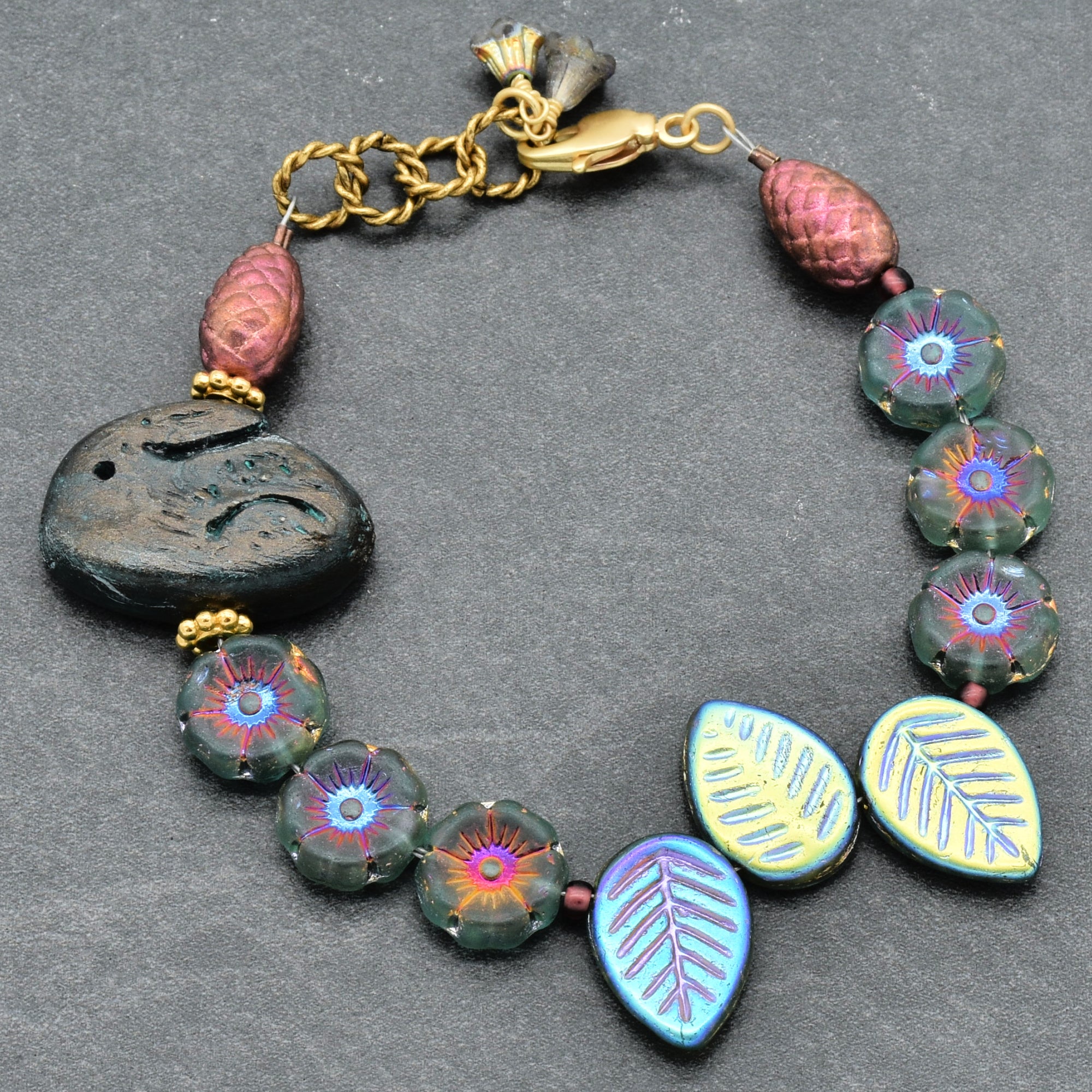 Handmade Beaded Bracelet - Blue Bunny, Artisan Rabbit Polymer Clay and Czech Glass