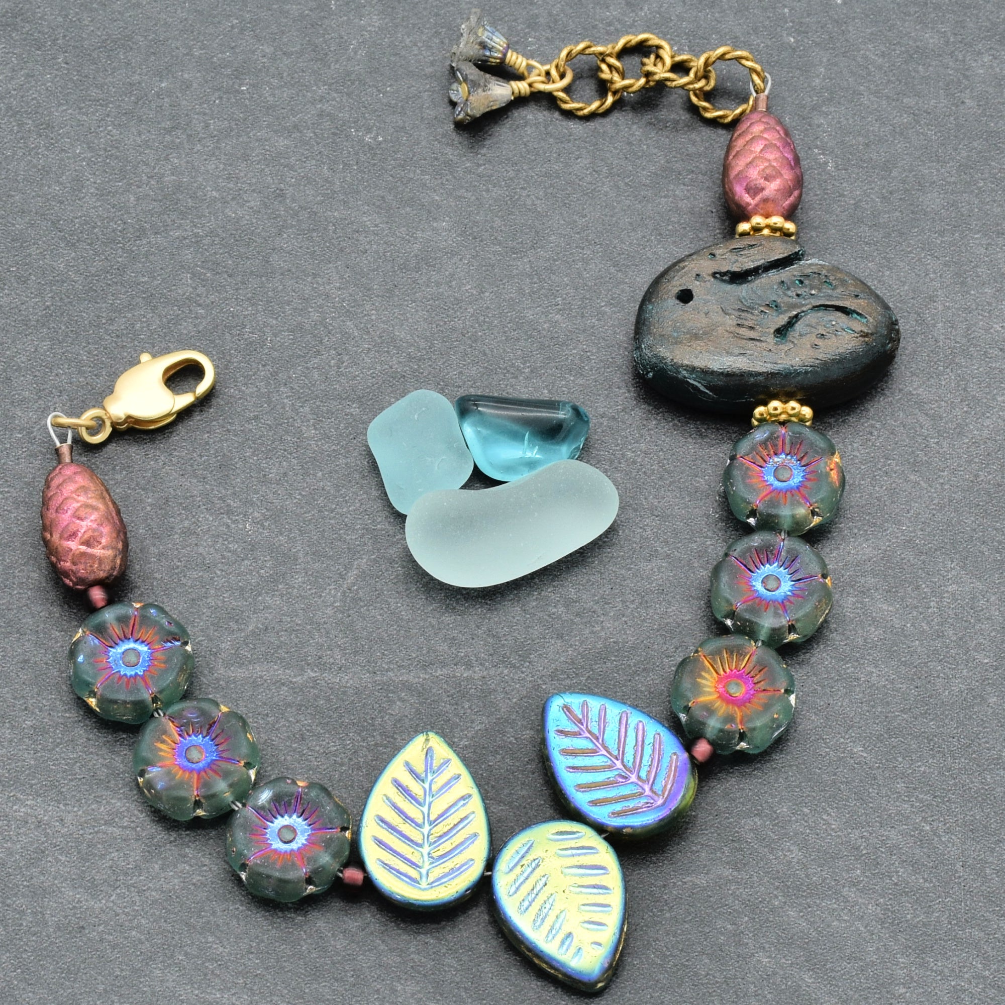 Handmade Beaded Bracelet - Blue Bunny, Artisan Rabbit Polymer Clay and Czech Glass