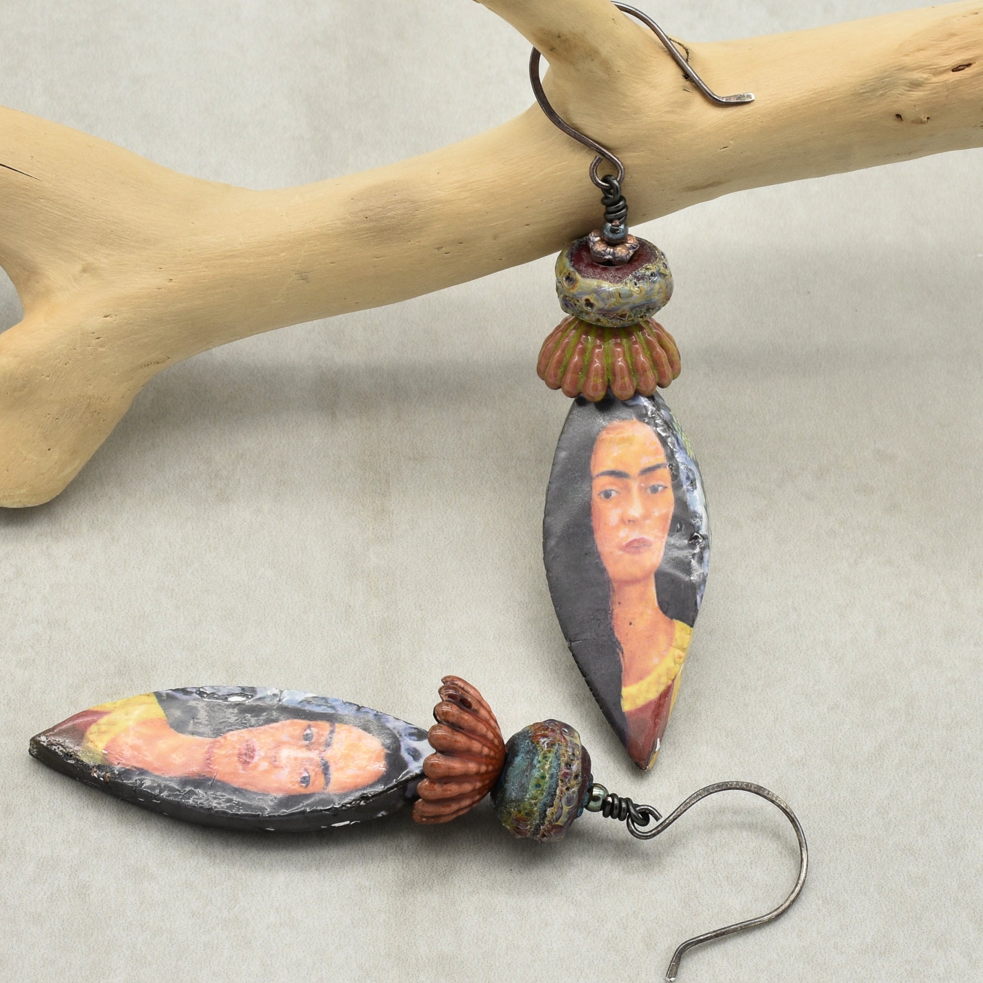 Frida Kahlo Handmade Statement Earrings - Artisan Lampwork Glass, Artisan Ceramic Charms