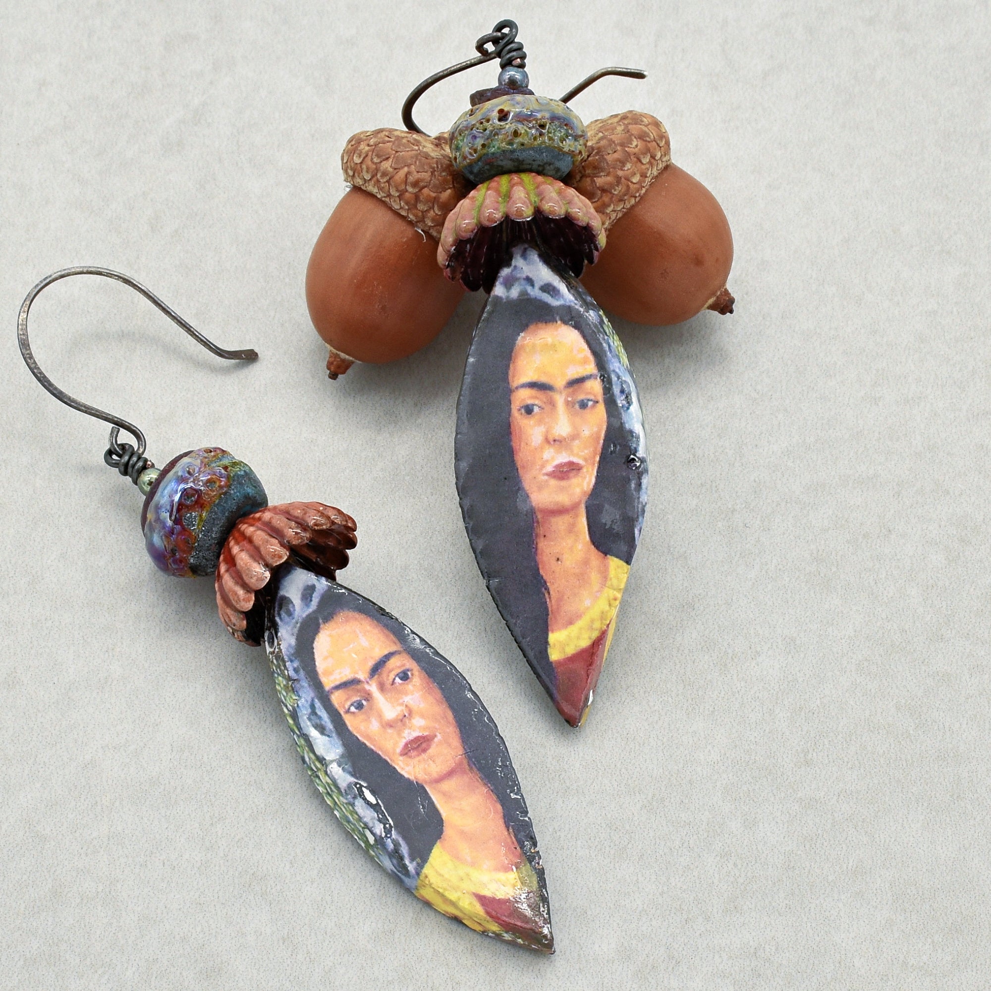 Frida Kahlo Handmade Statement Earrings - Artisan Lampwork Glass, Artisan Ceramic Charms