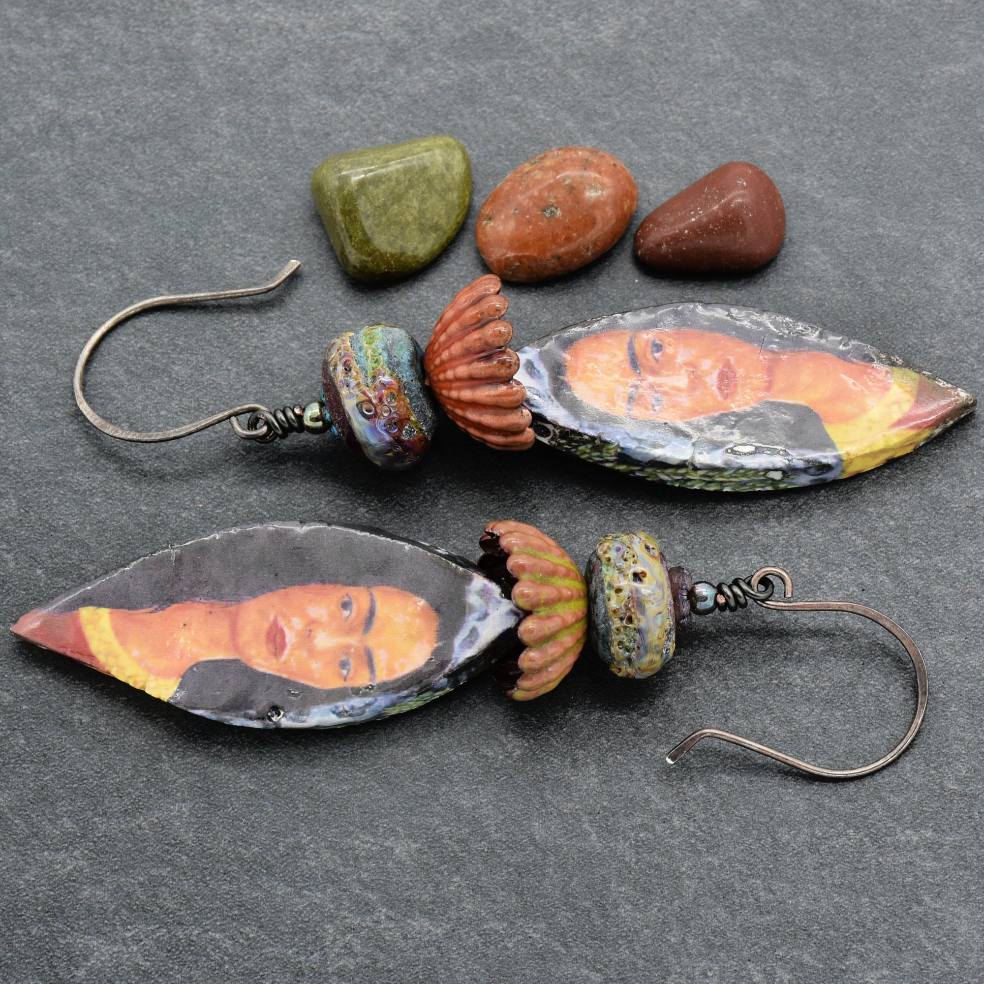 Frida Kahlo Handmade Statement Earrings - Artisan Lampwork Glass, Artisan Ceramic Charms