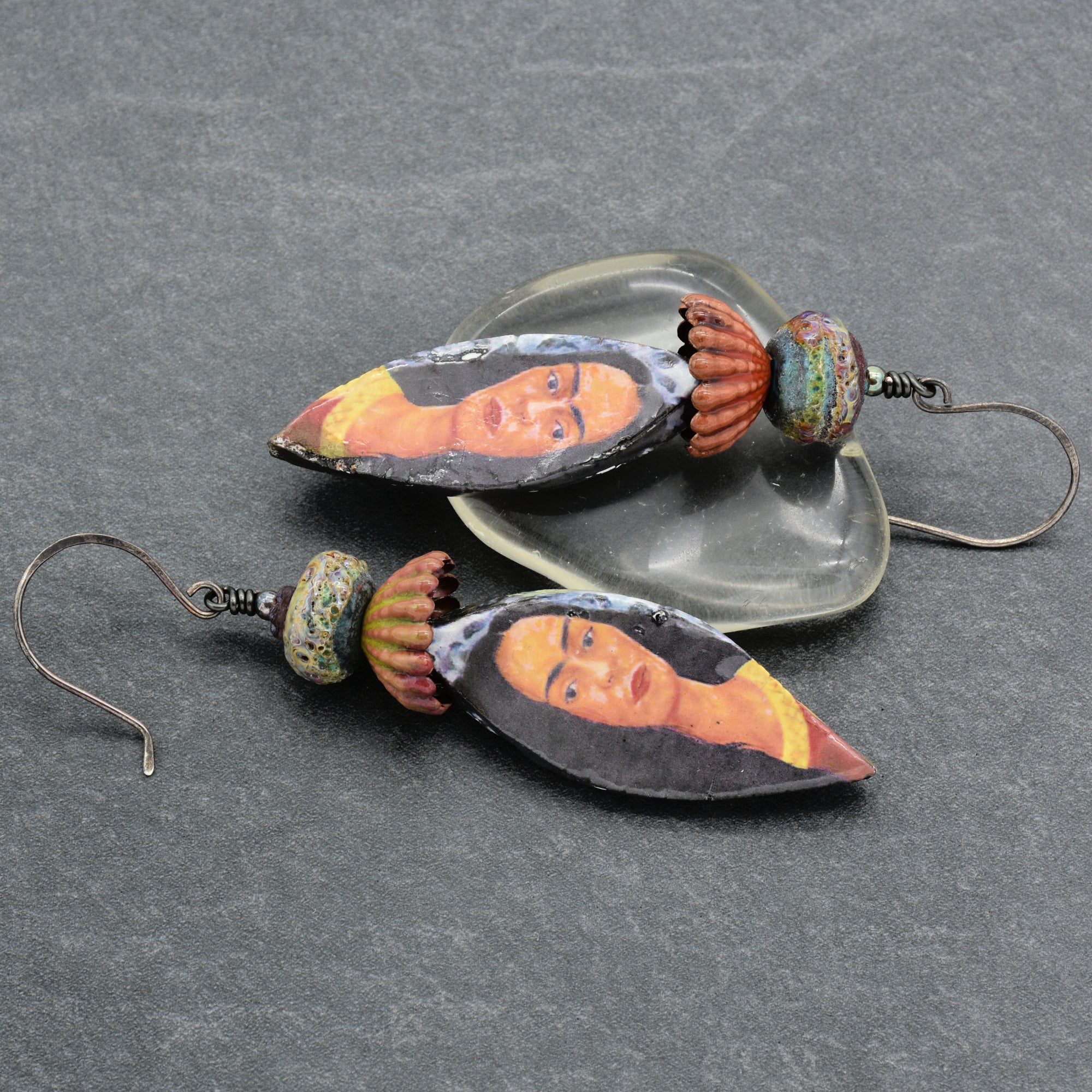 Frida Kahlo Handmade Statement Earrings - Artisan Lampwork Glass, Artisan Ceramic Charms