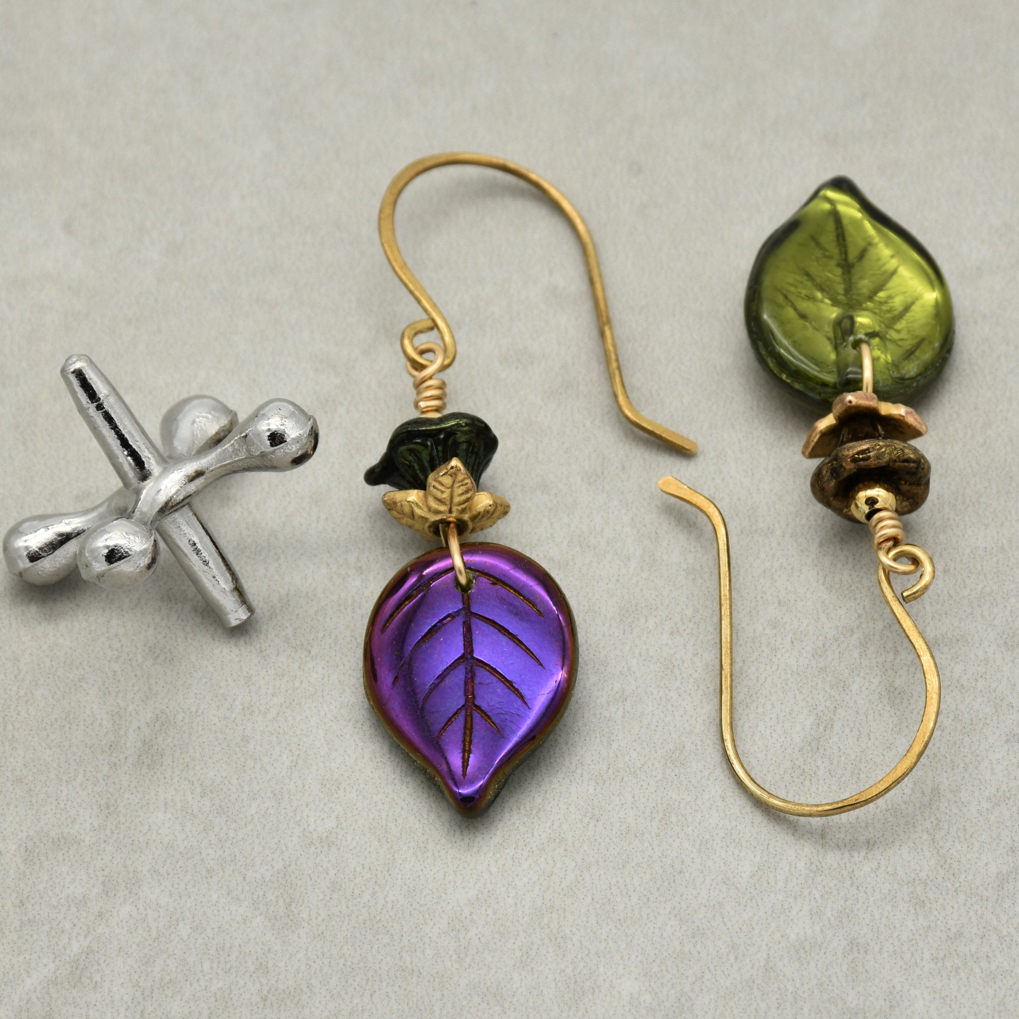 Falling Leaves Czech Glass Earrings - Handmade Olive Green and Purple