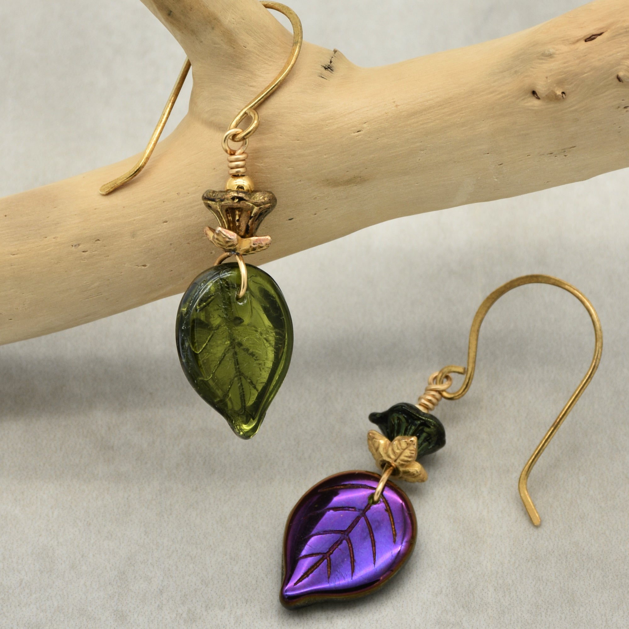 Falling Leaves Czech Glass Earrings - Handmade Olive Green and Purple