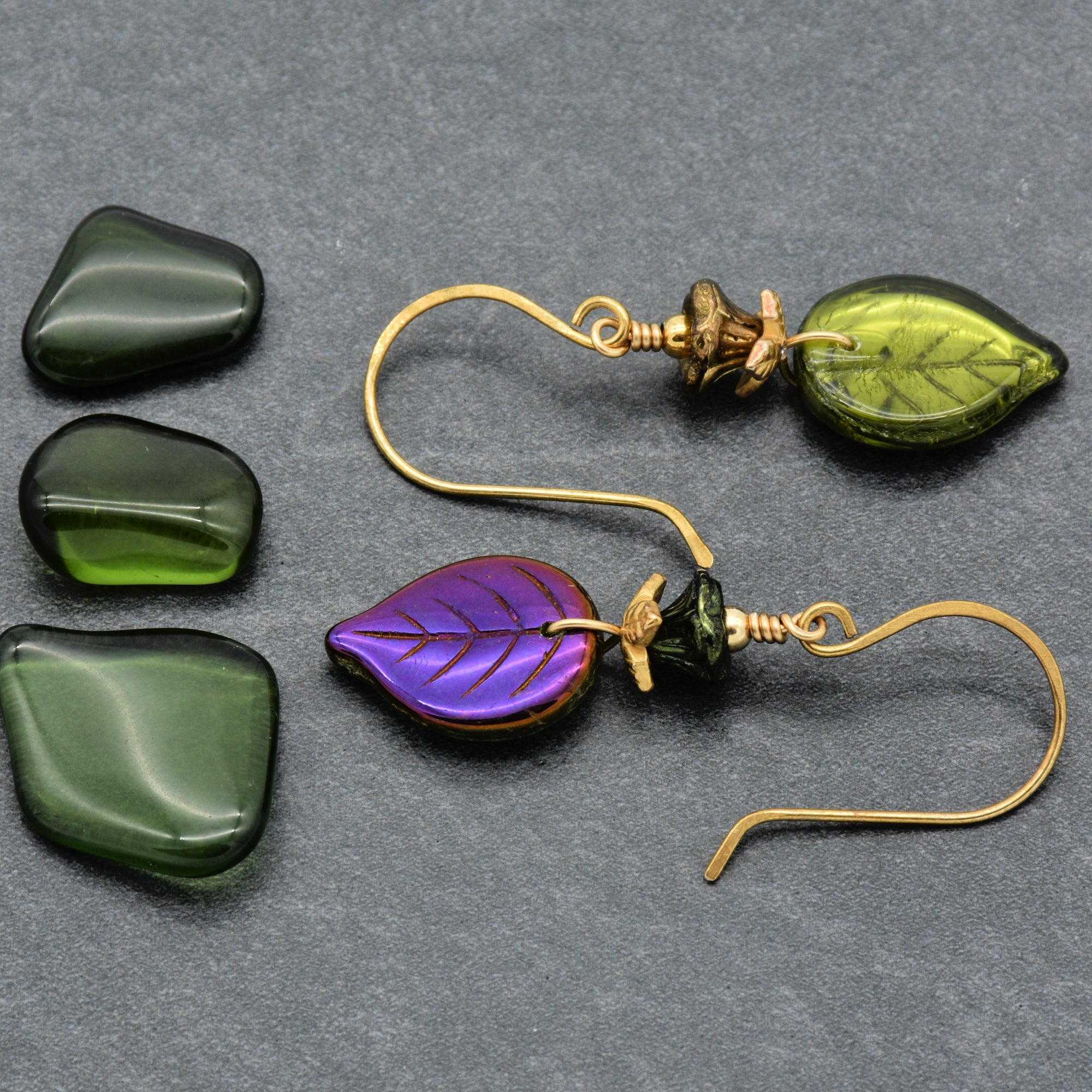 Falling Leaves Czech Glass Earrings - Handmade Olive Green and Purple