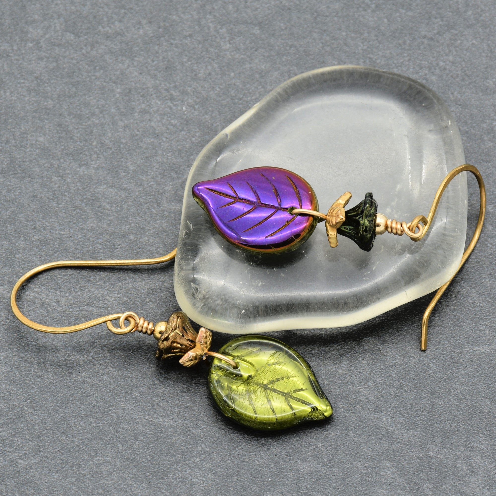 Falling Leaves Czech Glass Earrings - Handmade Olive Green and Purple