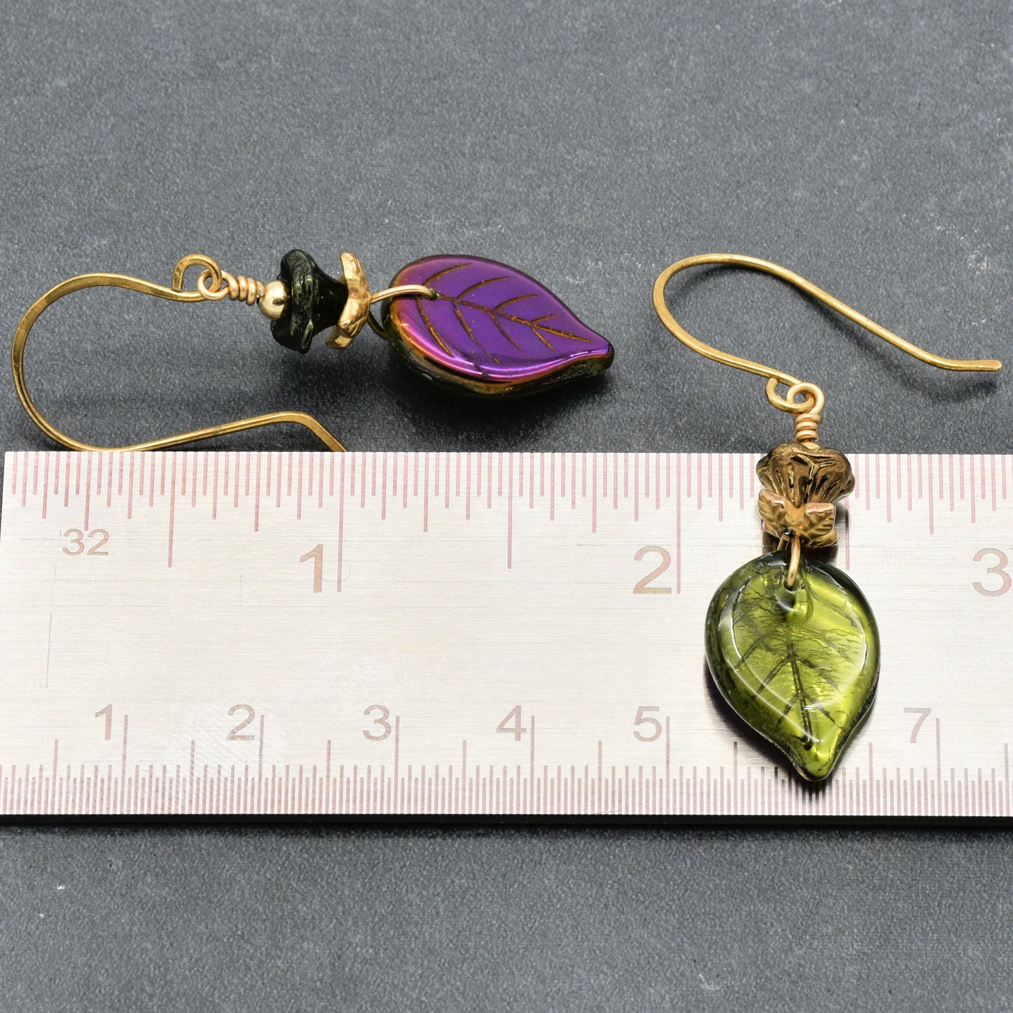 Falling Leaves Czech Glass Earrings - Handmade Olive Green and Purple