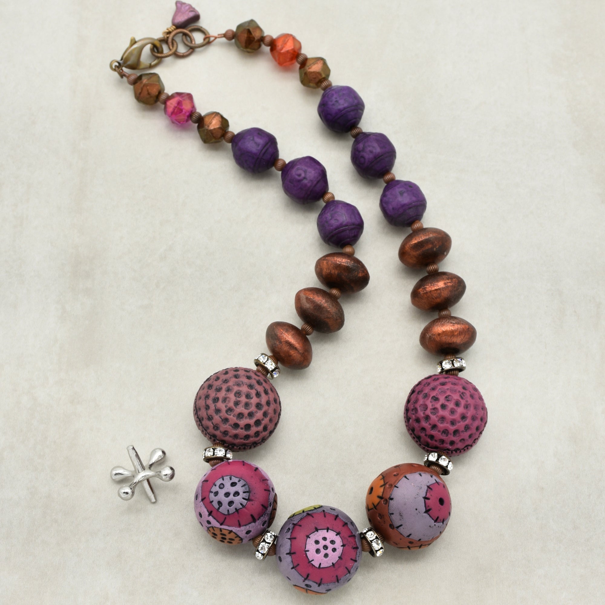 Groovy Retro Necklace - Handmade Artisan Polymer Clay, Brushed Copper, Lucite