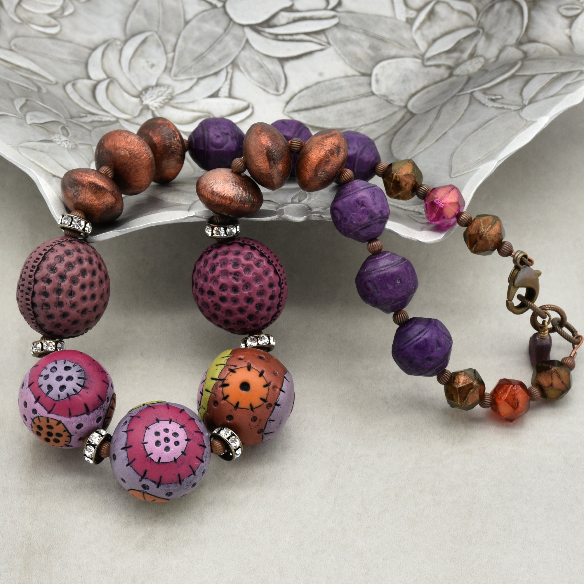 Groovy Retro Necklace - Handmade Artisan Polymer Clay, Brushed Copper, Lucite