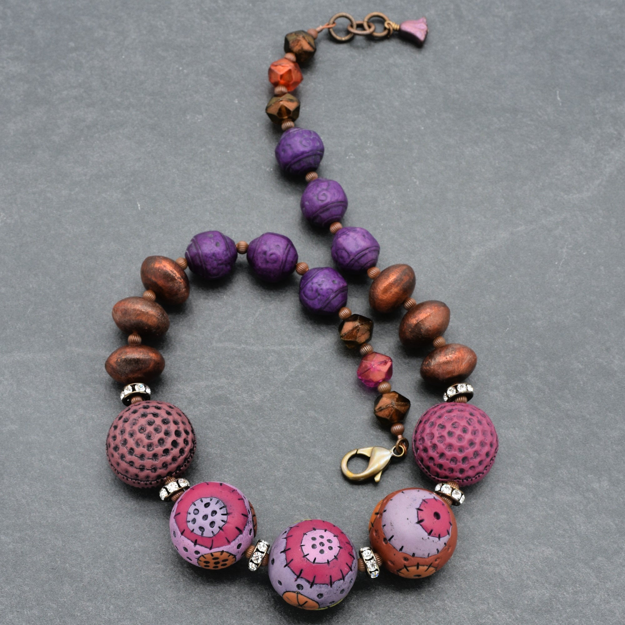 Groovy Retro Necklace - Handmade Artisan Polymer Clay, Brushed Copper, Lucite