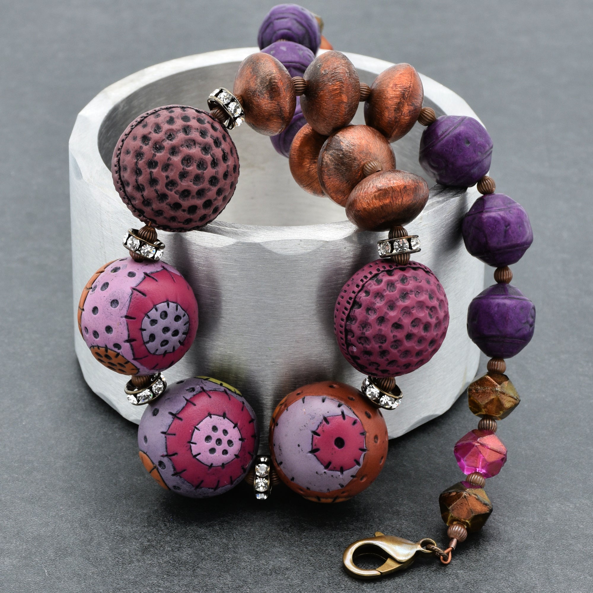 Groovy Retro Necklace - Handmade Artisan Polymer Clay, Brushed Copper, Lucite