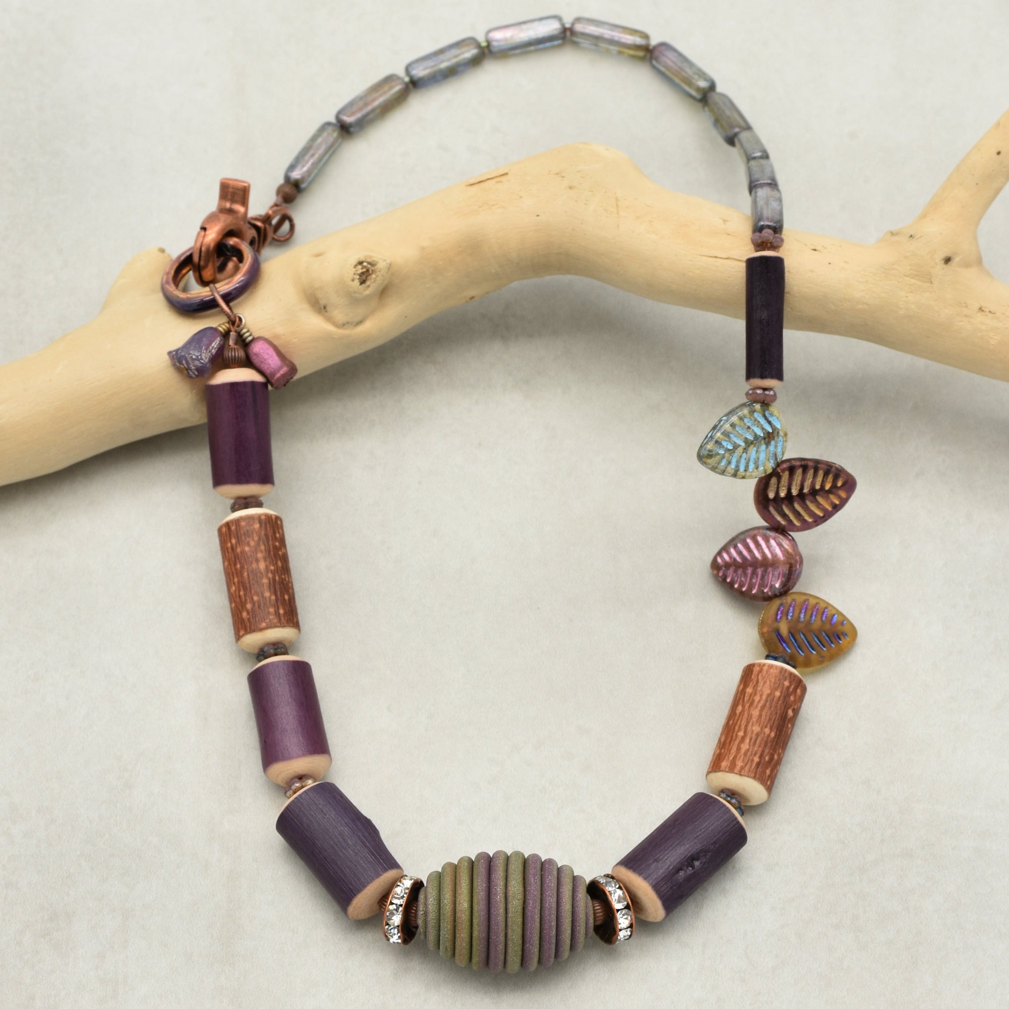 Ode to Autumn Necklace - Handmade Artisan Polymer Clay, Natural Wood