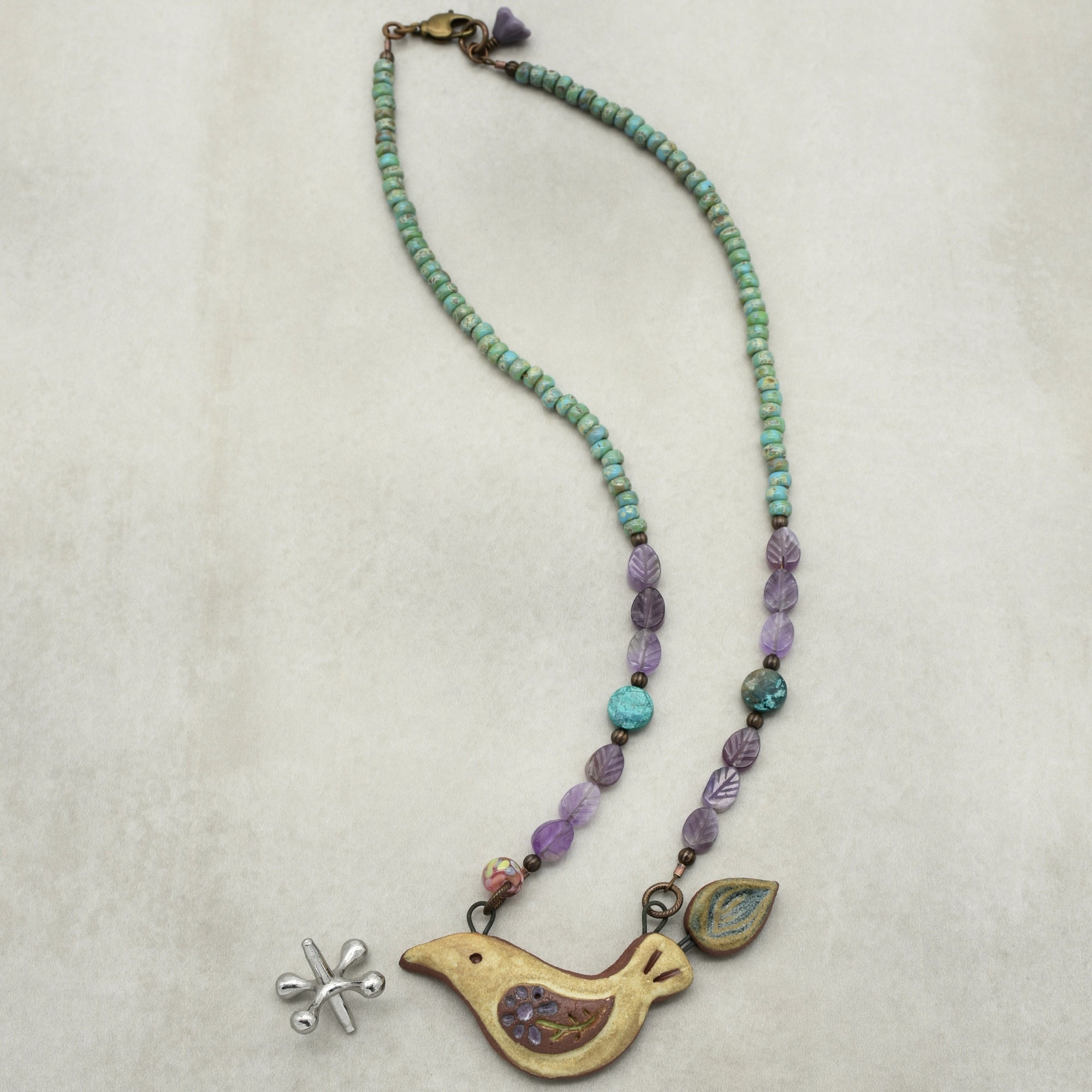 Of a Feather Necklace - Handmade Artisan Ceramic Bird Focal Amethyst Chrysocolla