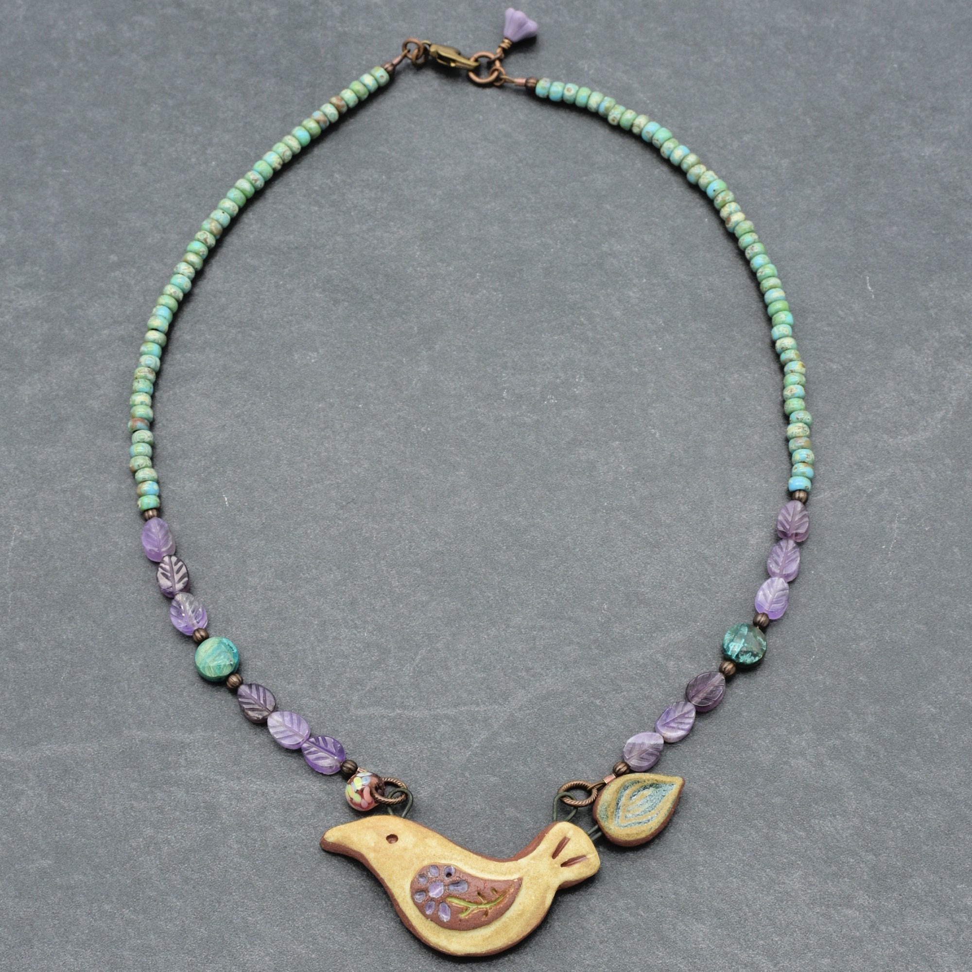 Of a Feather Necklace - Handmade Artisan Ceramic Bird Focal Amethyst Chrysocolla