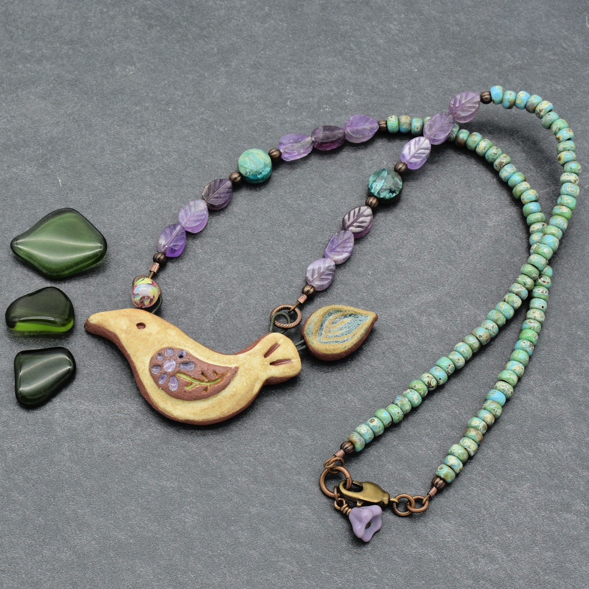 Of a Feather Necklace - Handmade Artisan Ceramic Bird Focal Amethyst Chrysocolla