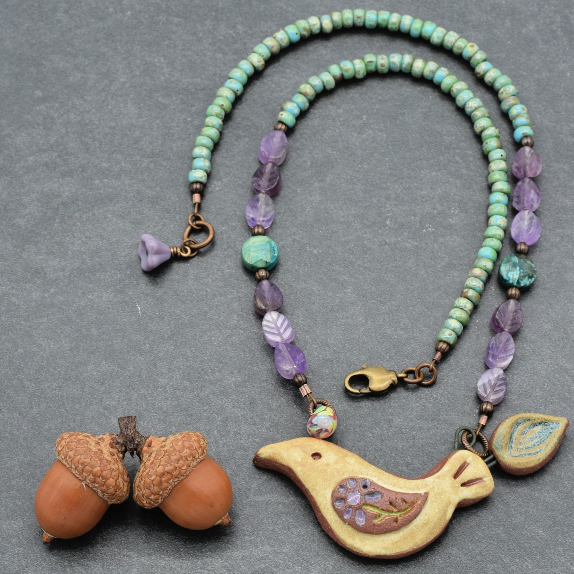 Of a Feather Necklace - Handmade Artisan Ceramic Bird Focal Amethyst Chrysocolla