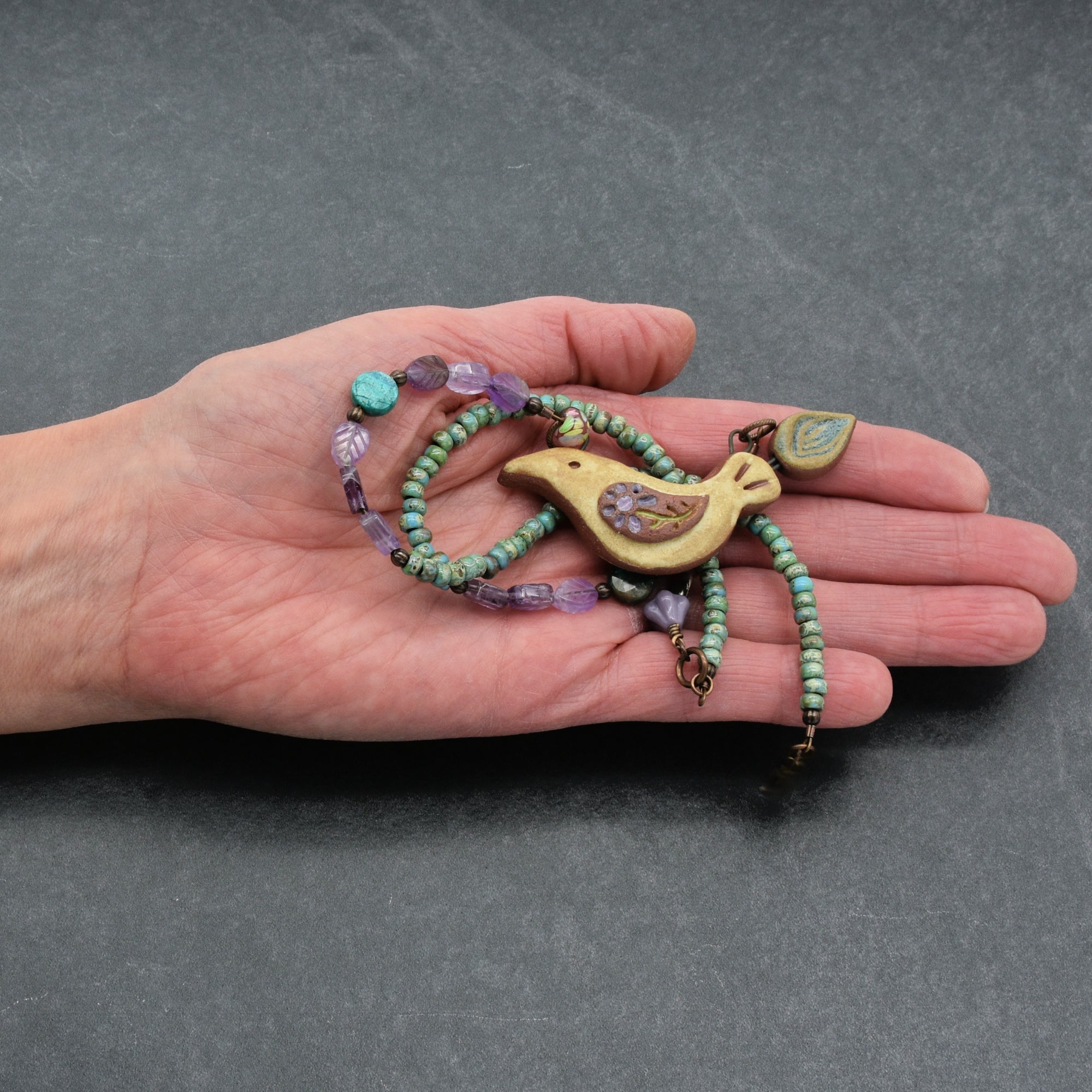 Of a Feather Necklace - Handmade Artisan Ceramic Bird Focal Amethyst Chrysocolla