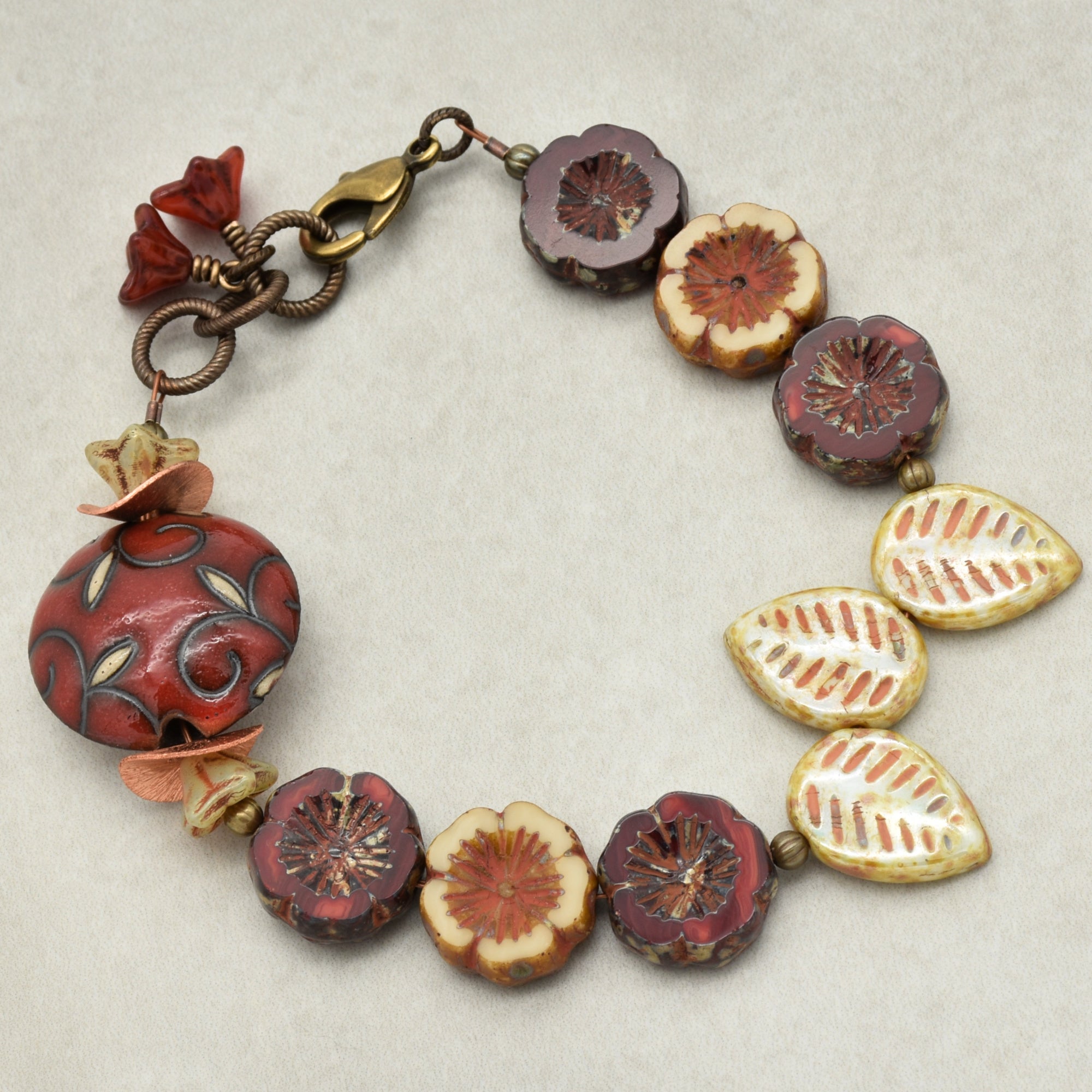 Red Delicious Beaded Bracelet - Handmade, Artisan Ceramic and Czech Glass