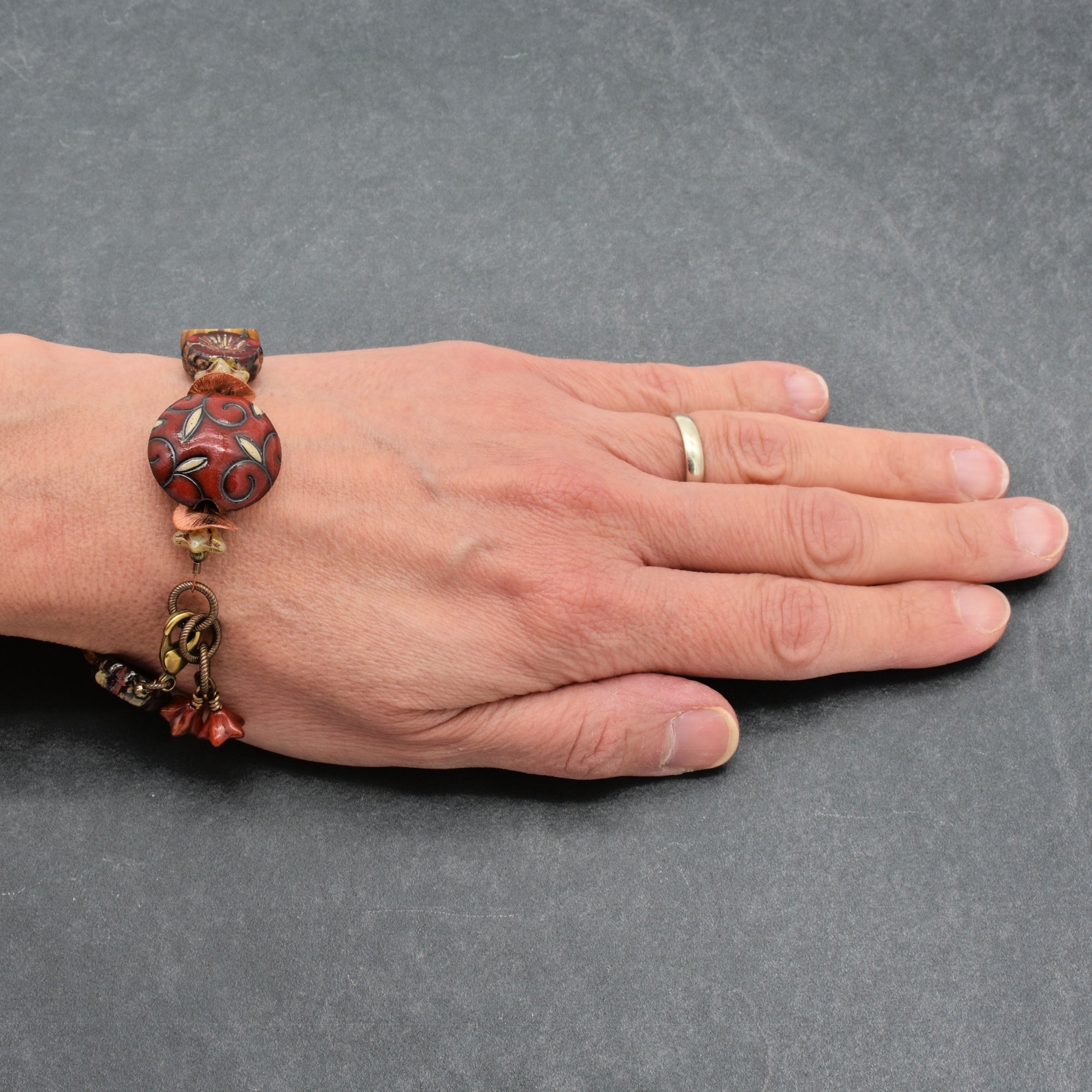 Red Delicious Beaded Bracelet - Handmade, Artisan Ceramic and Czech Glass