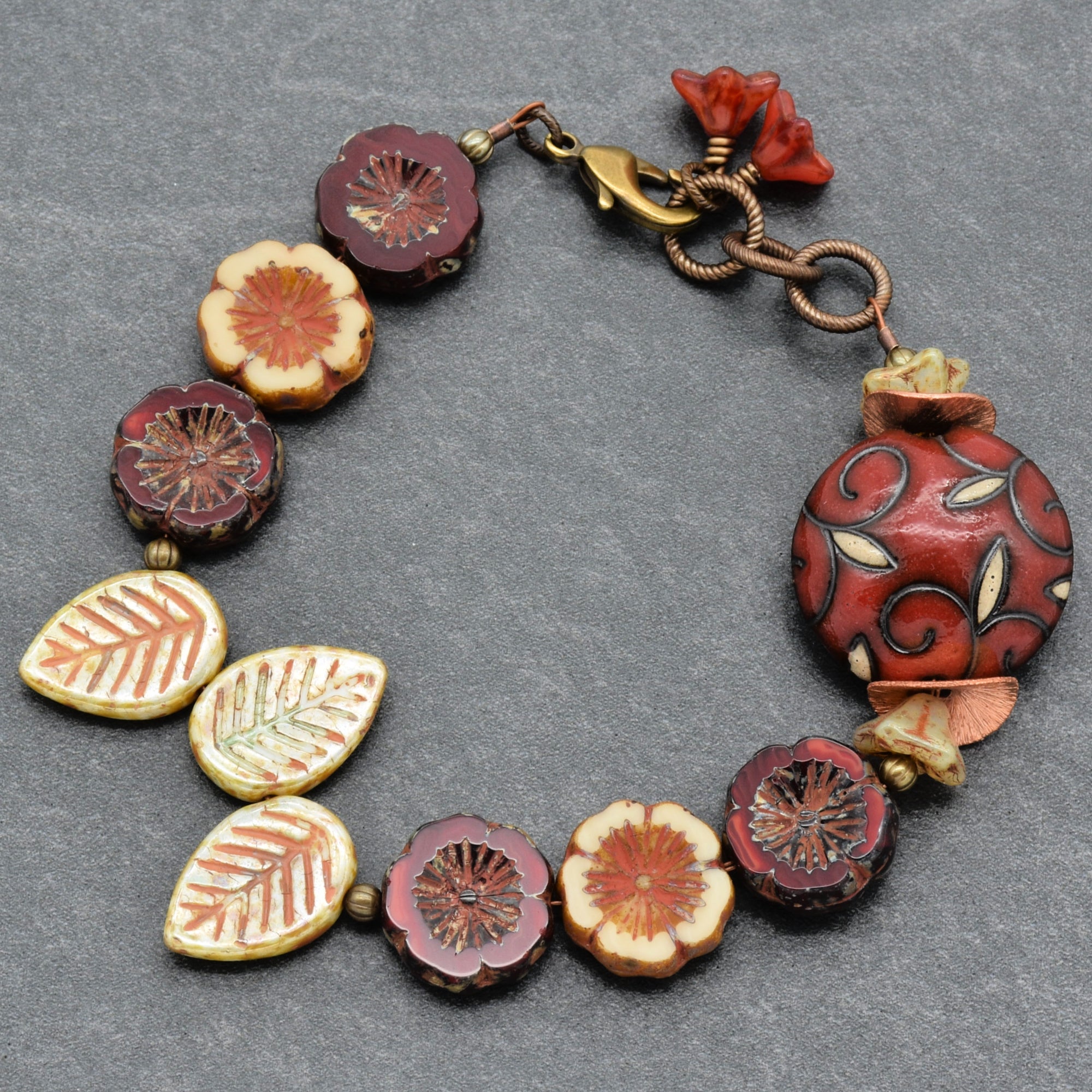 Red Delicious Beaded Bracelet - Handmade, Artisan Ceramic and Czech Glass