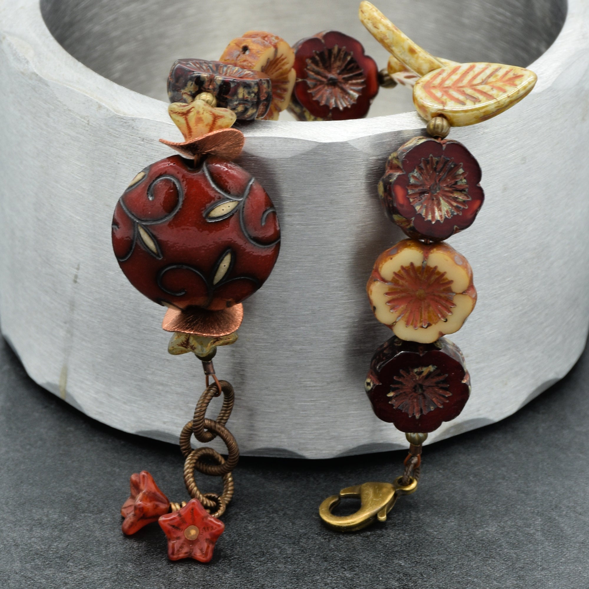 Red Delicious Beaded Bracelet - Handmade, Artisan Ceramic and Czech Glass