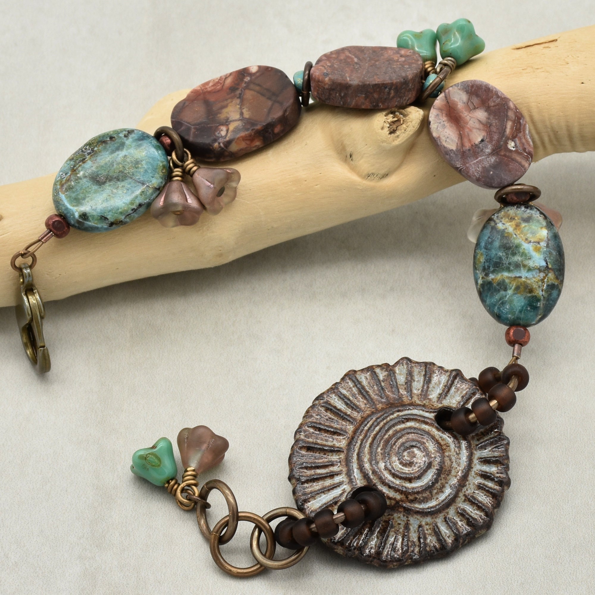 Handmade Beaded Bracelet - Rustic Charm, Earth Tones, Artisan Ceramic and Natural Stone