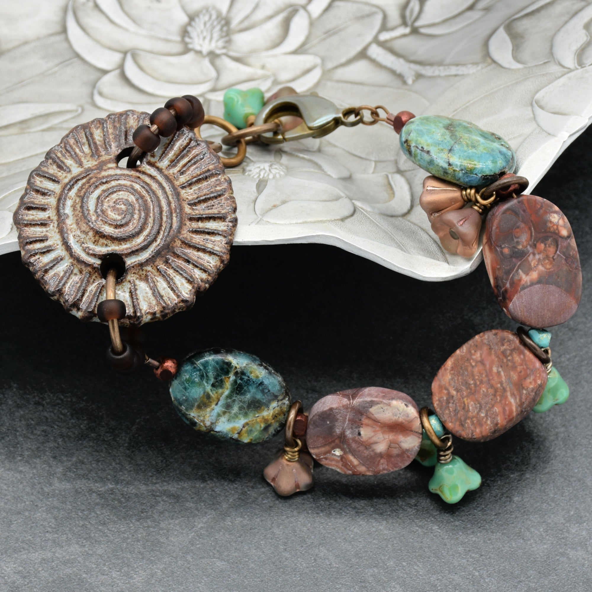 Handmade Beaded Bracelet - Rustic Charm, Earth Tones, Artisan Ceramic and Natural Stone