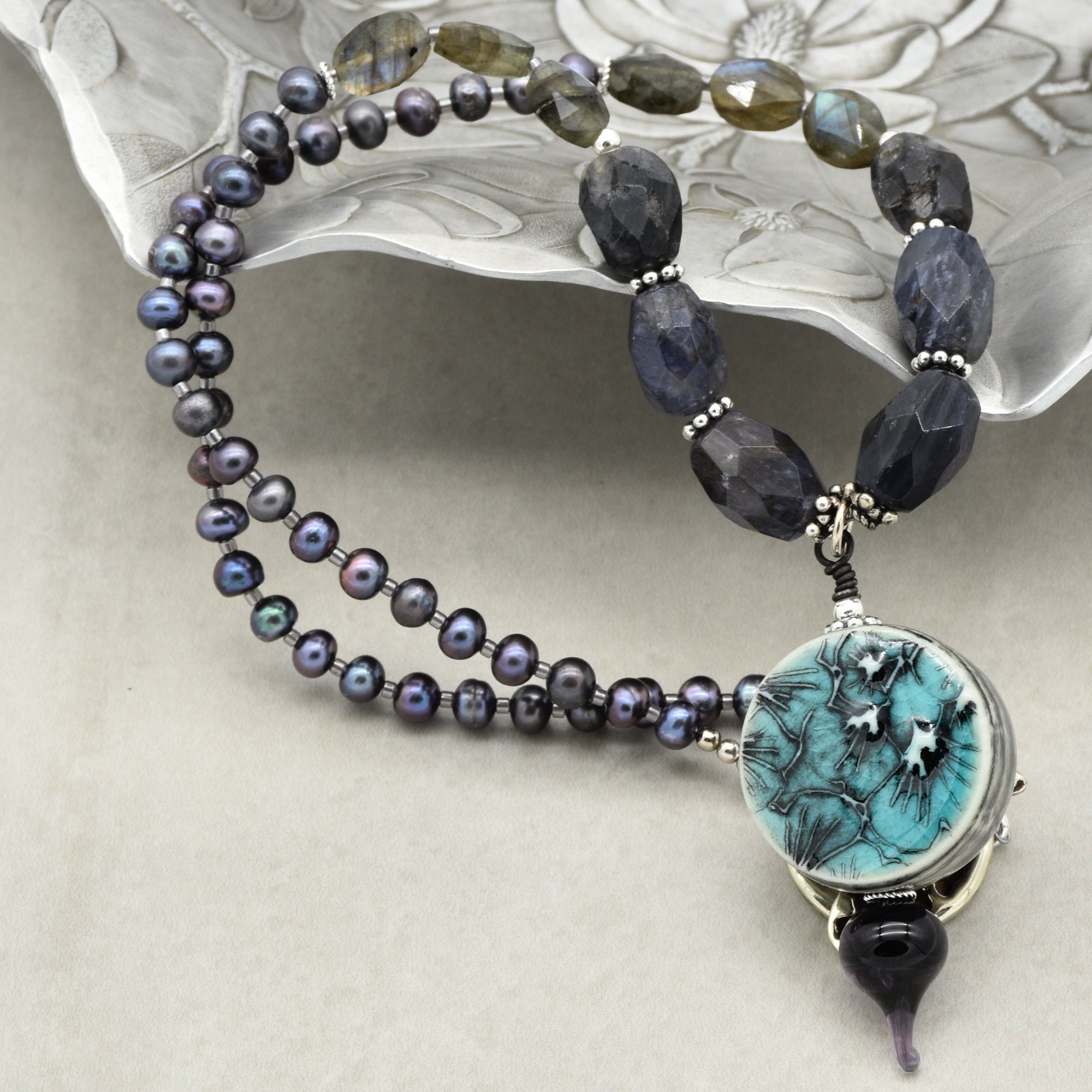 Stormy Night Necklace - Handmade Artisan Porcelain Iolite Sterling Silver
