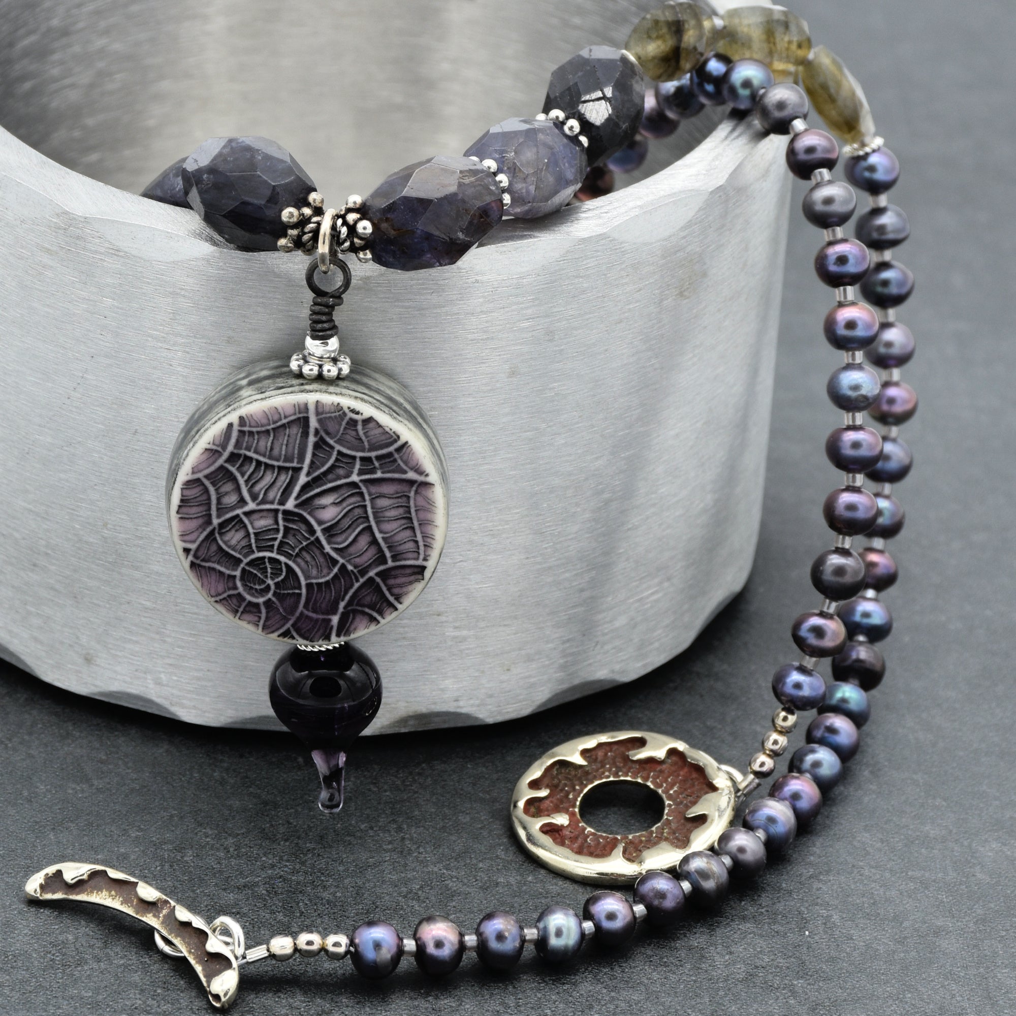 Stormy Night Necklace - Handmade Artisan Porcelain Iolite Sterling Silver