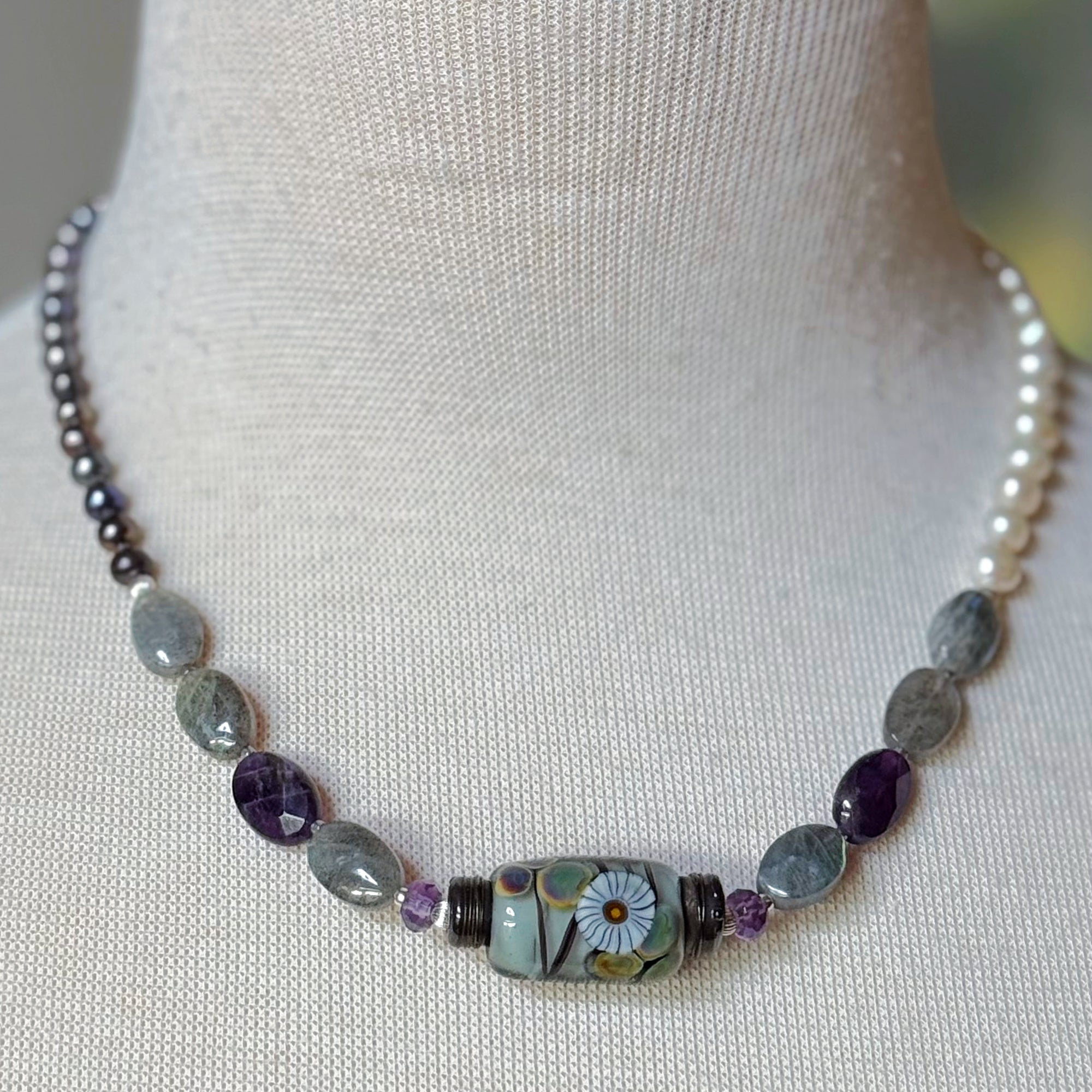 Twilight Necklace - Handmade Artisan Lampwork Glass Amethyst Labradorite Sterling Silver