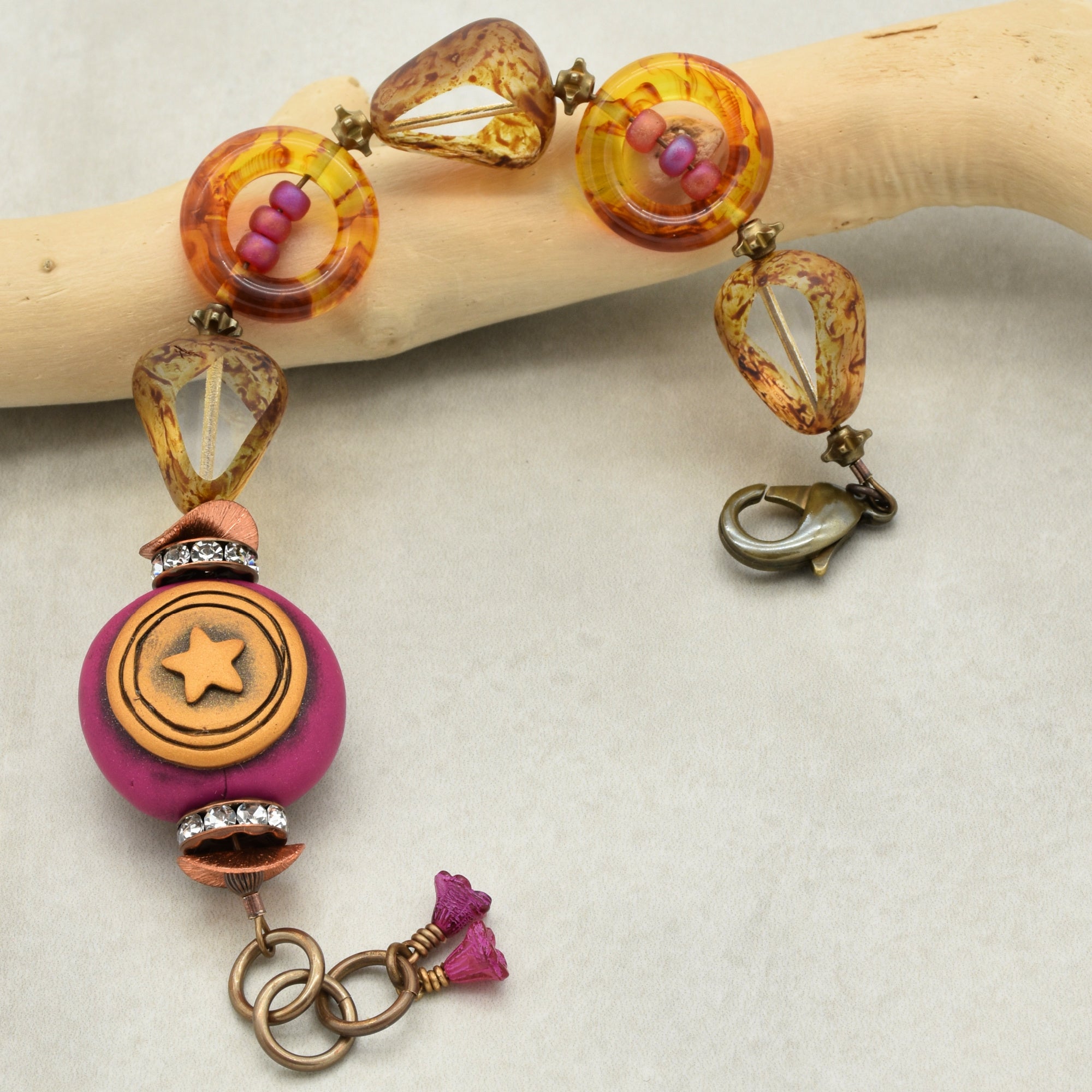 Handmade Beaded Bracelet - Wanderlust Star, Artisan Fuchsia Polymer Clay and Czech Glass