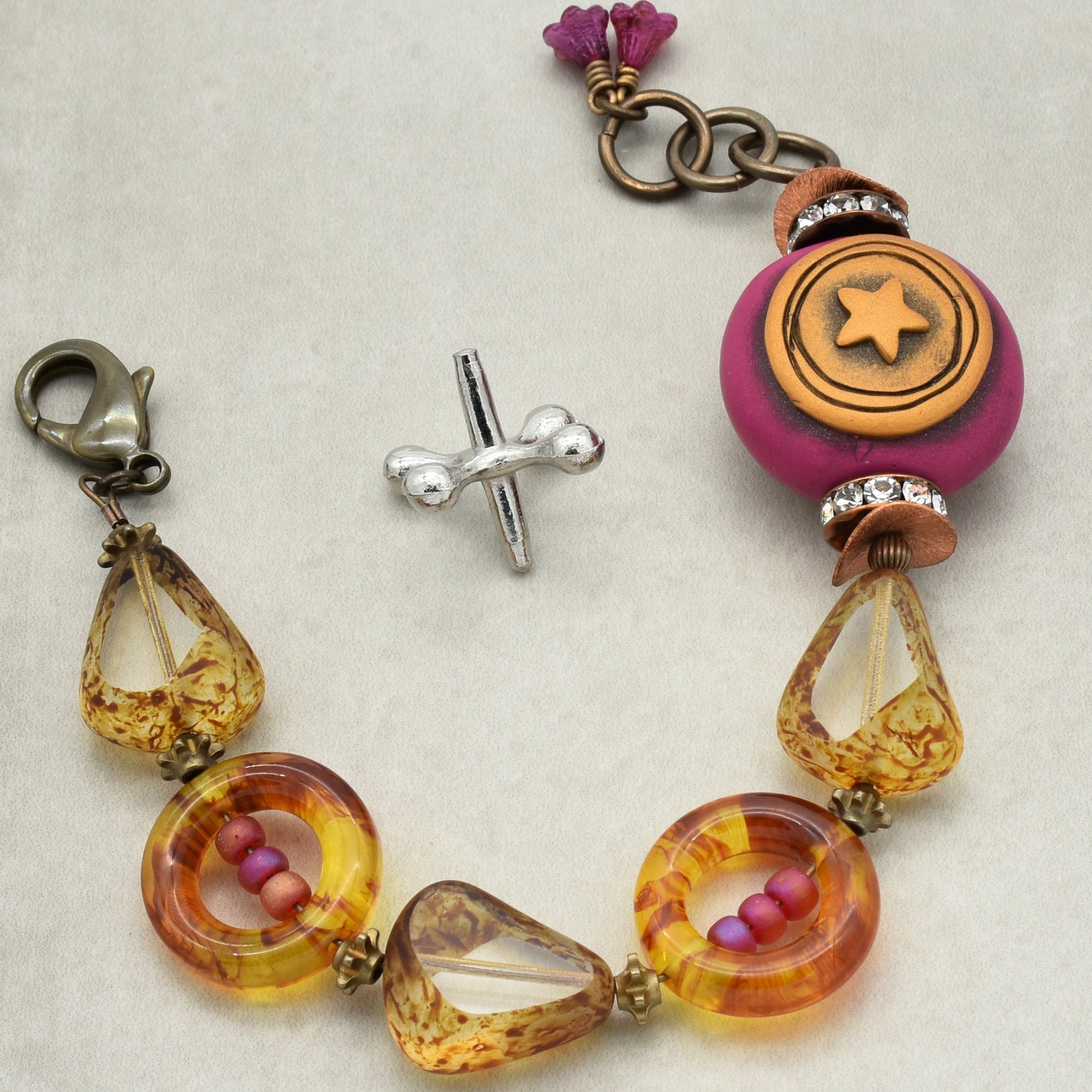 Handmade Beaded Bracelet - Wanderlust Star, Artisan Fuchsia Polymer Clay and Czech Glass