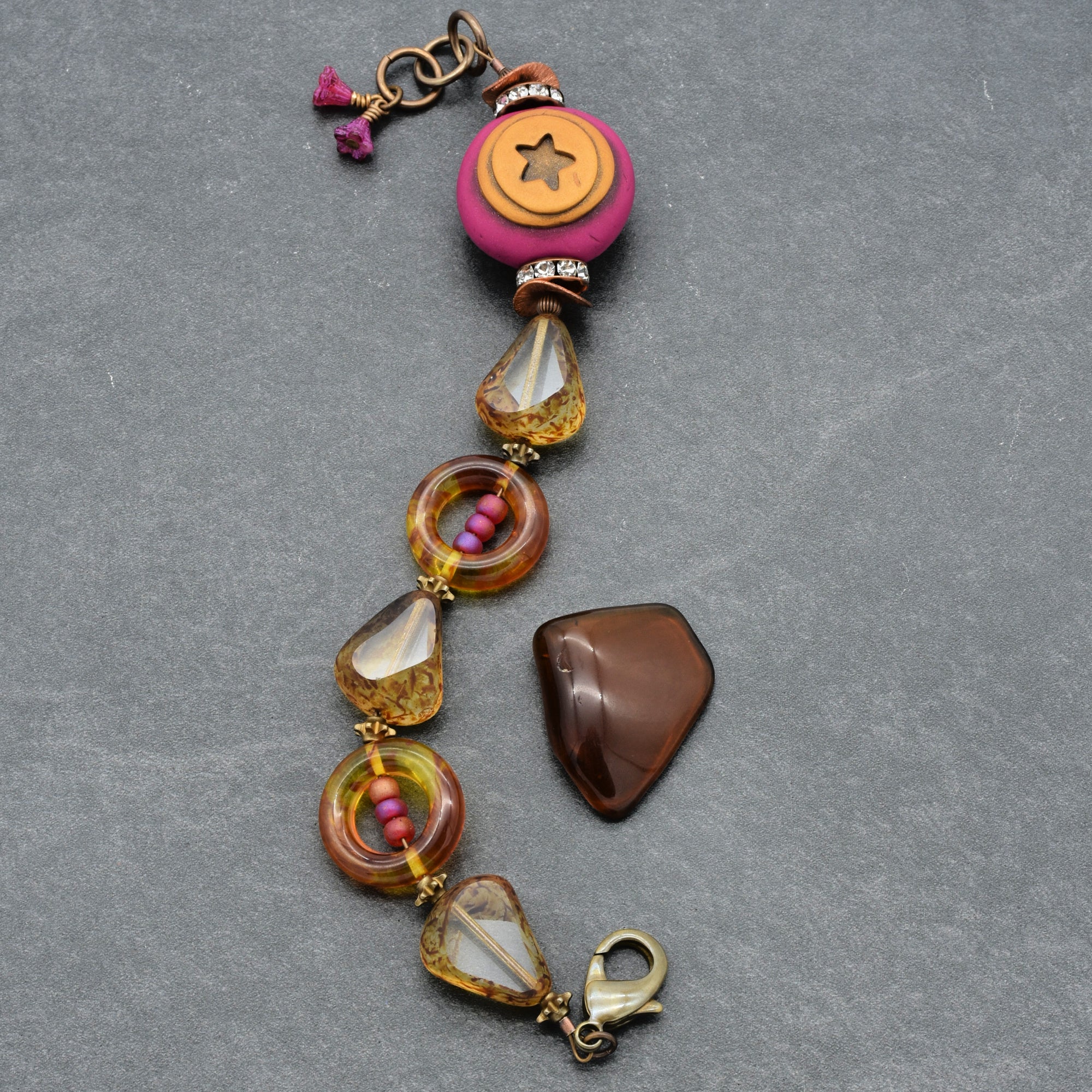 Handmade Beaded Bracelet - Wanderlust Star, Artisan Fuchsia Polymer Clay and Czech Glass