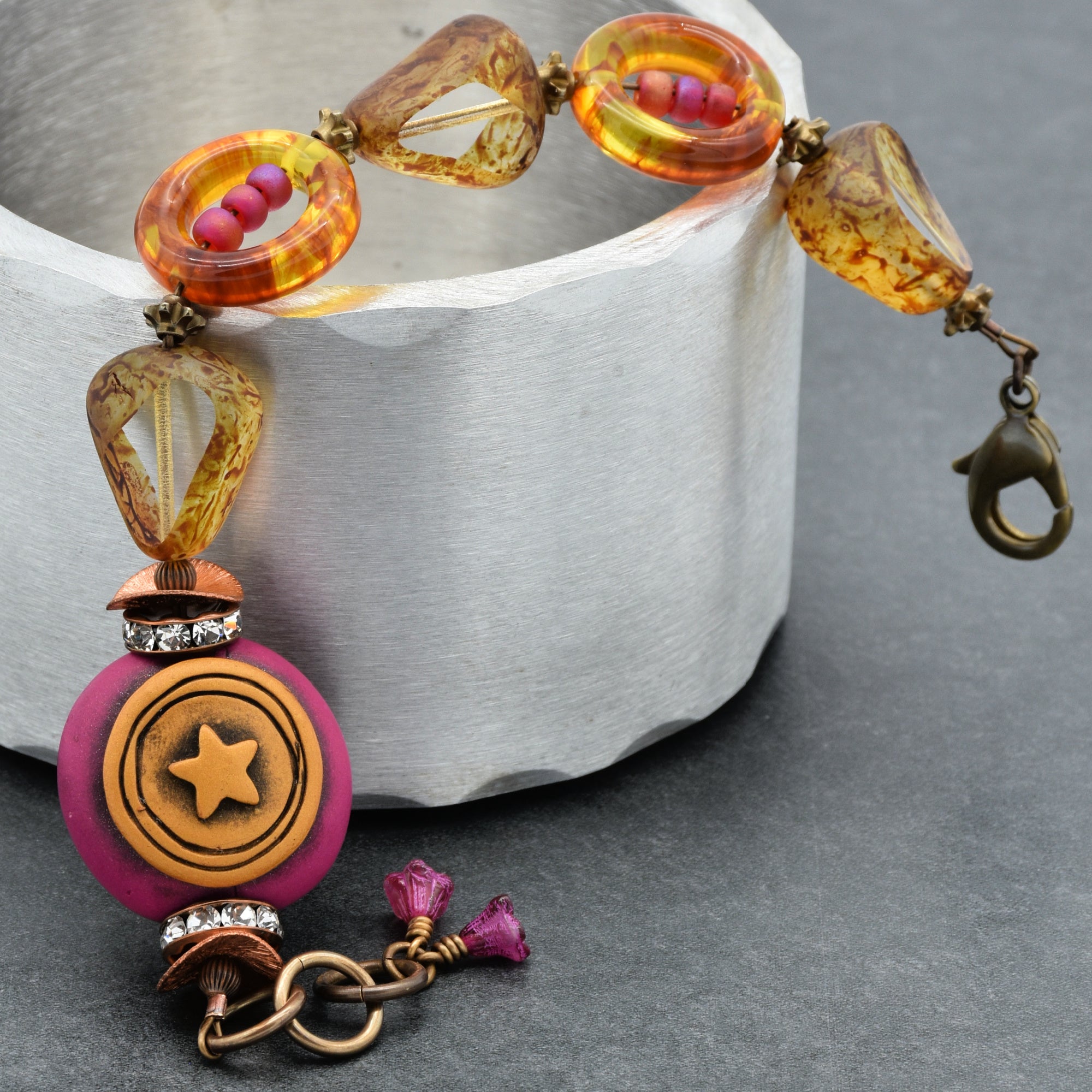 Handmade Beaded Bracelet - Wanderlust Star, Artisan Fuchsia Polymer Clay and Czech Glass
