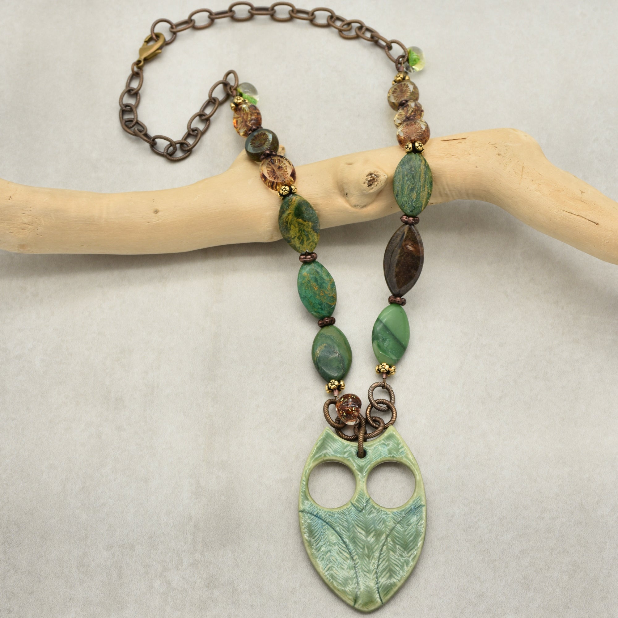 Winter Green Hoot Necklace - Handmade Artisan Porcelain Owl Antique Brass