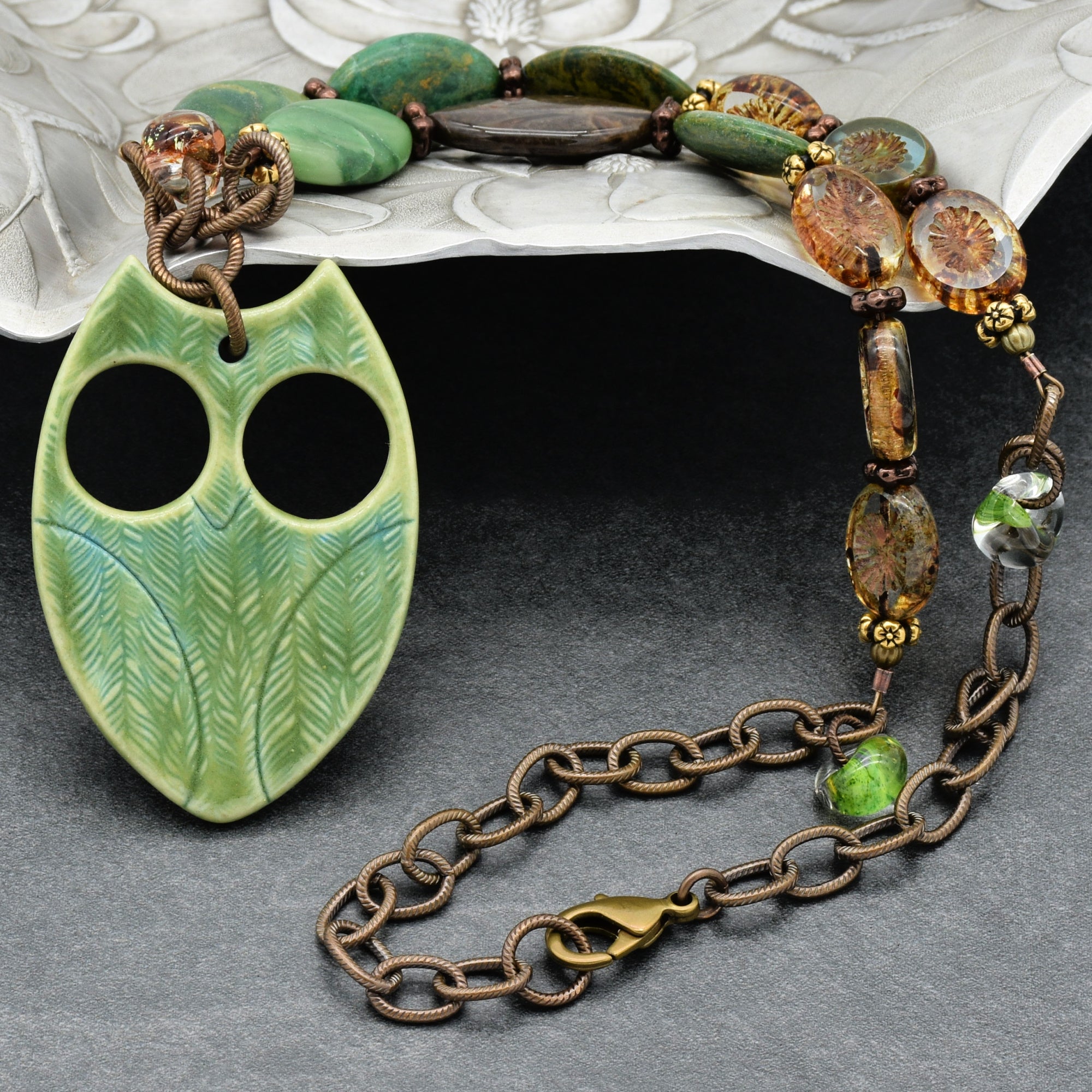 Winter Green Hoot Necklace - Handmade Artisan Porcelain Owl Antique Brass