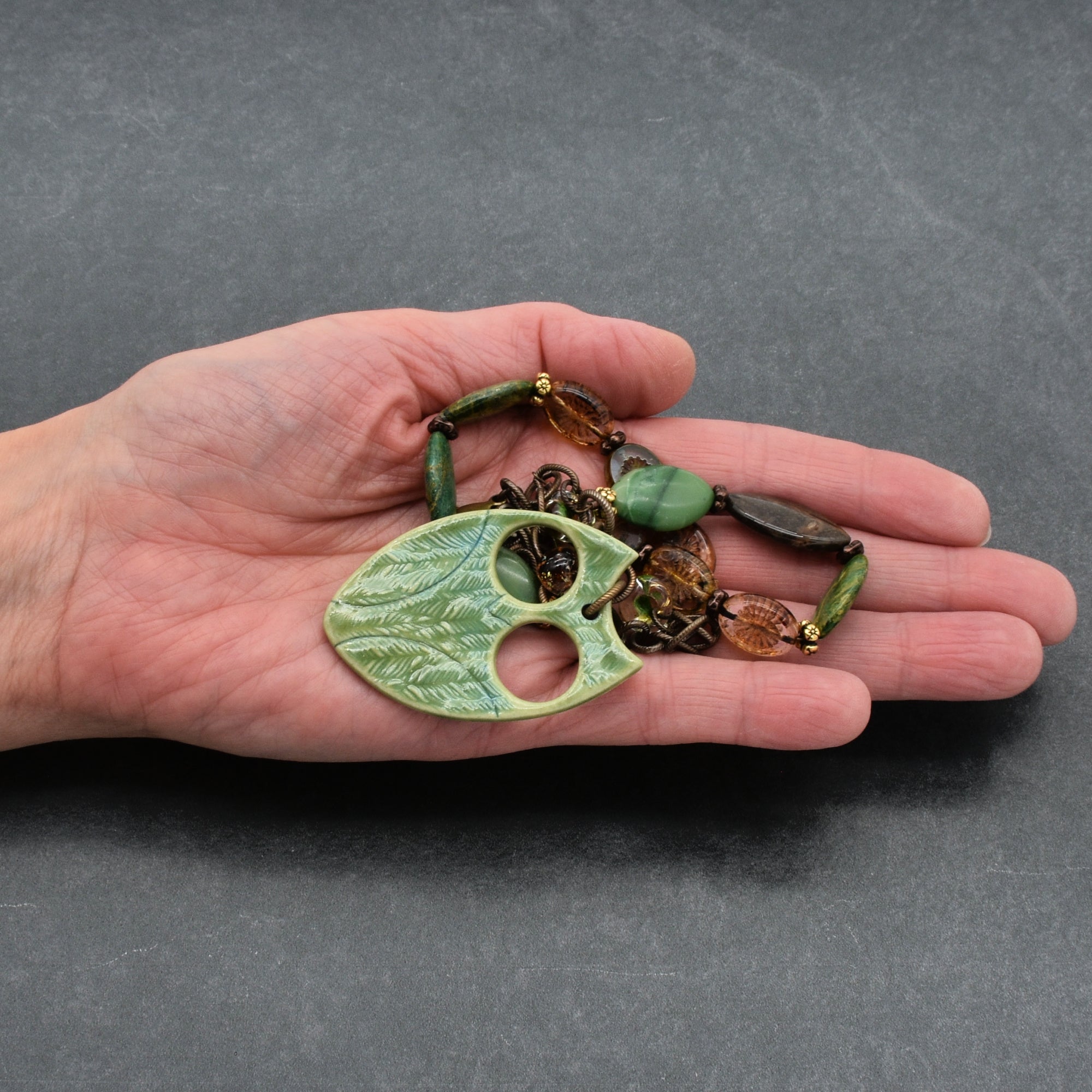 Winter Green Hoot Necklace - Handmade Artisan Porcelain Owl Antique Brass