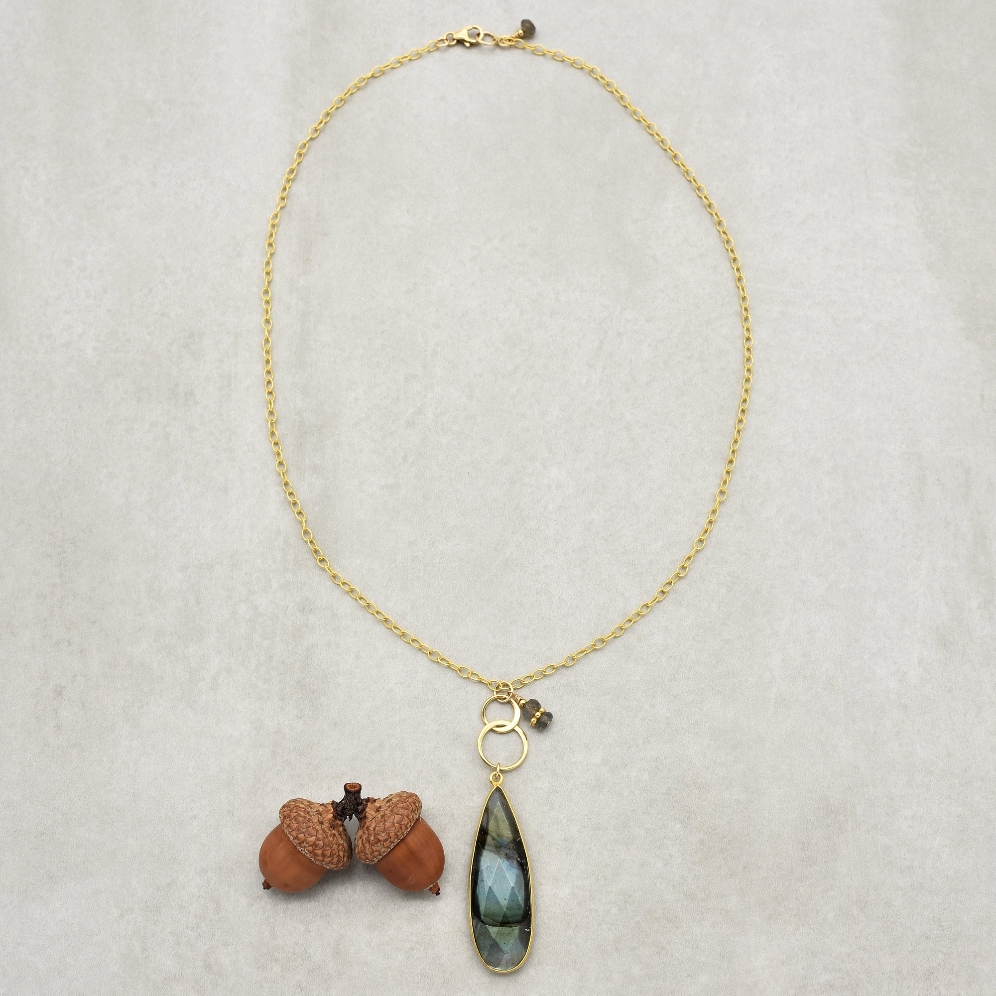 The image shows a necklace. It has a gold chain with a pendant featuring a teardrop-shaped stone in a gold setting, along with a small charm near the clasp.