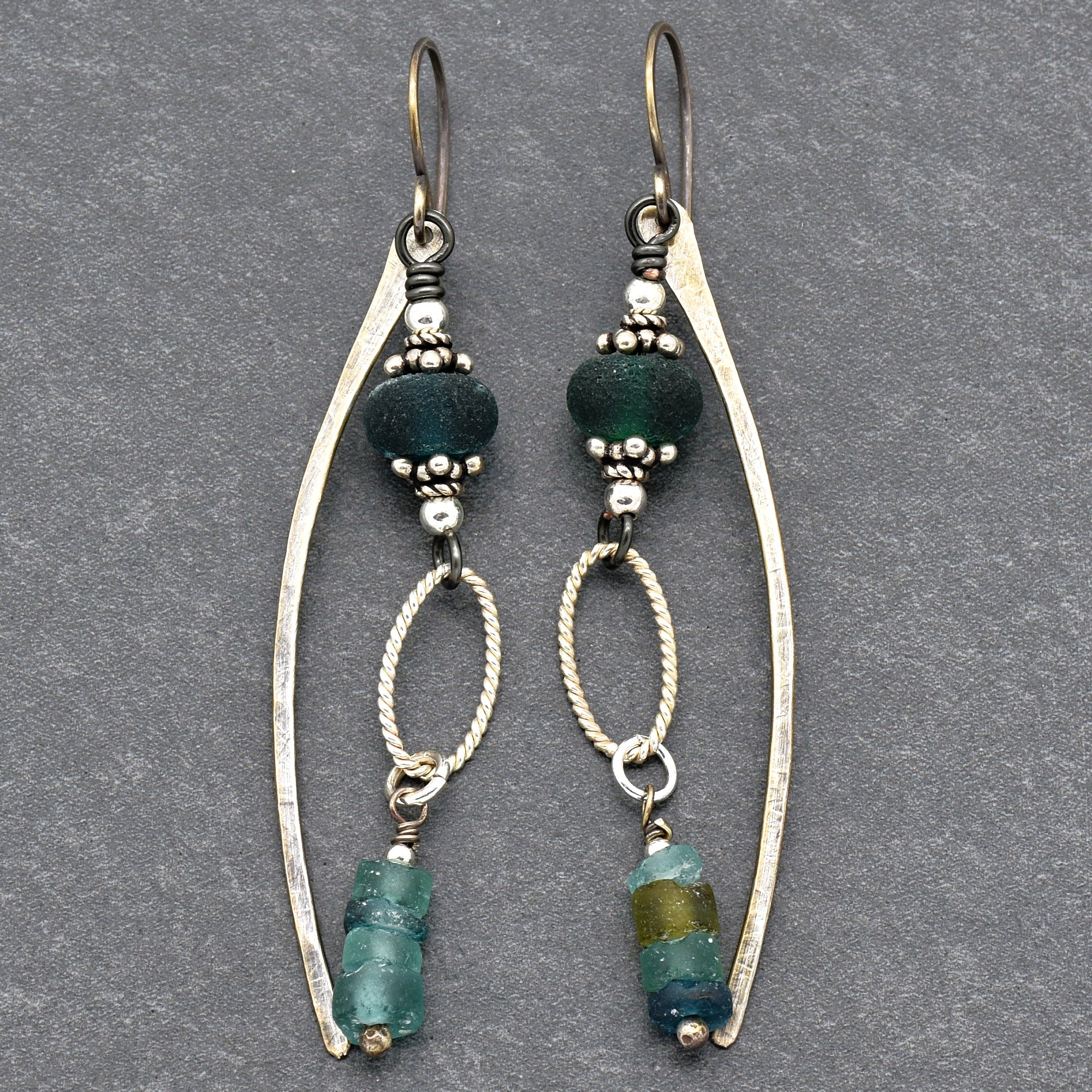 Roman Glass Blue Handmade Dangle Earrings, Artisan Etched Aqua Blue Lampwork Glass, Sterling Silver