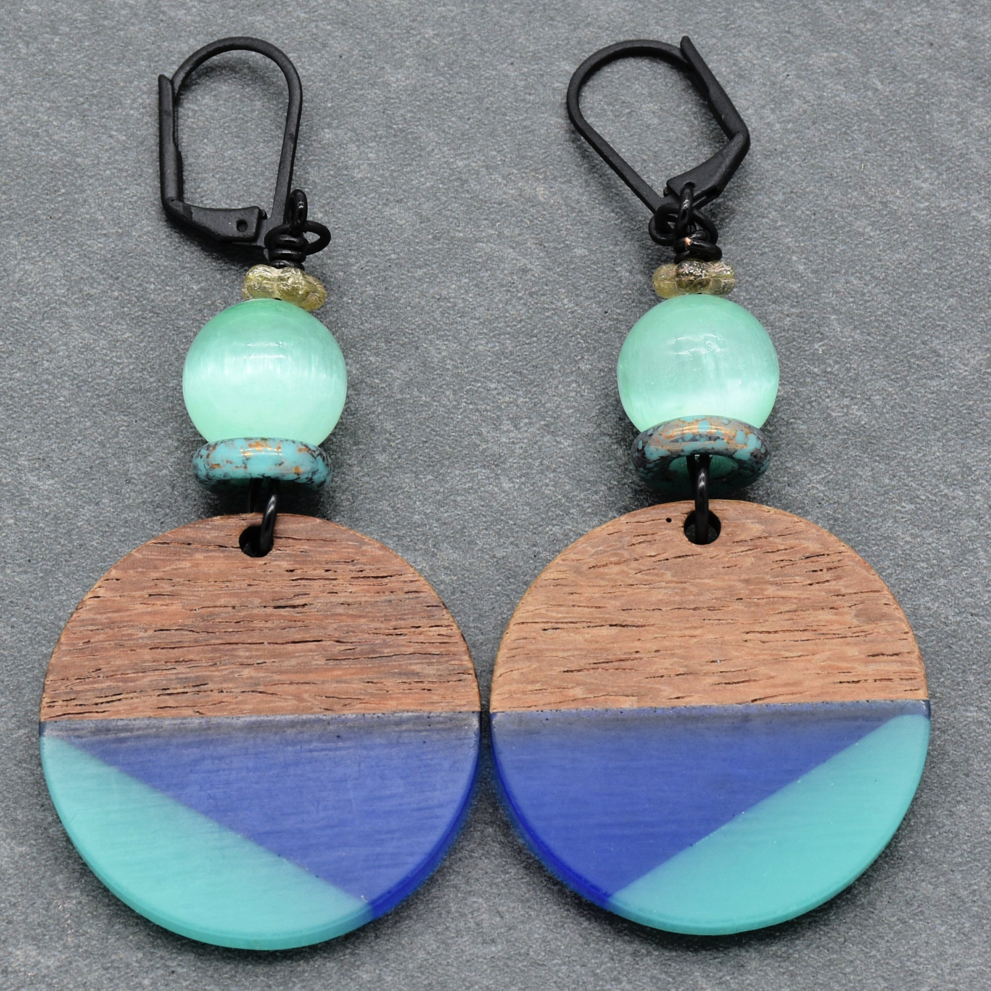 Shades of Blue Dangle Handmade Earrings, Bright Selenite, Wood Resin Charms.