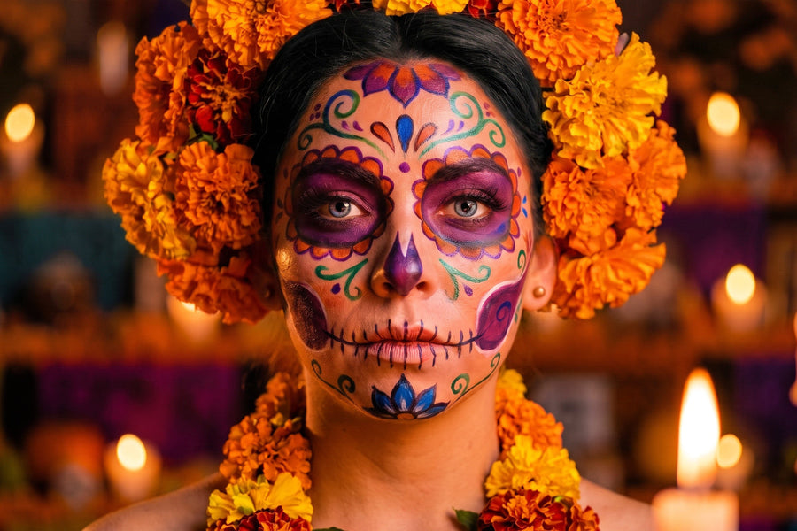 Close-up portrait of a woman with elaborate sugar skull face paint and marigold headdress, Día de los Muertos jewelry collection, warm candlelight background | Ruby Acorn
