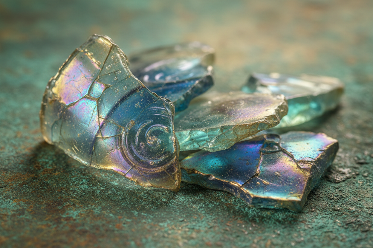 Ancient Roman glass fragments with iridescent shimmer in aqua, blue and lavender tones on a verdigris background - Ruby Acorn handmade jewelry